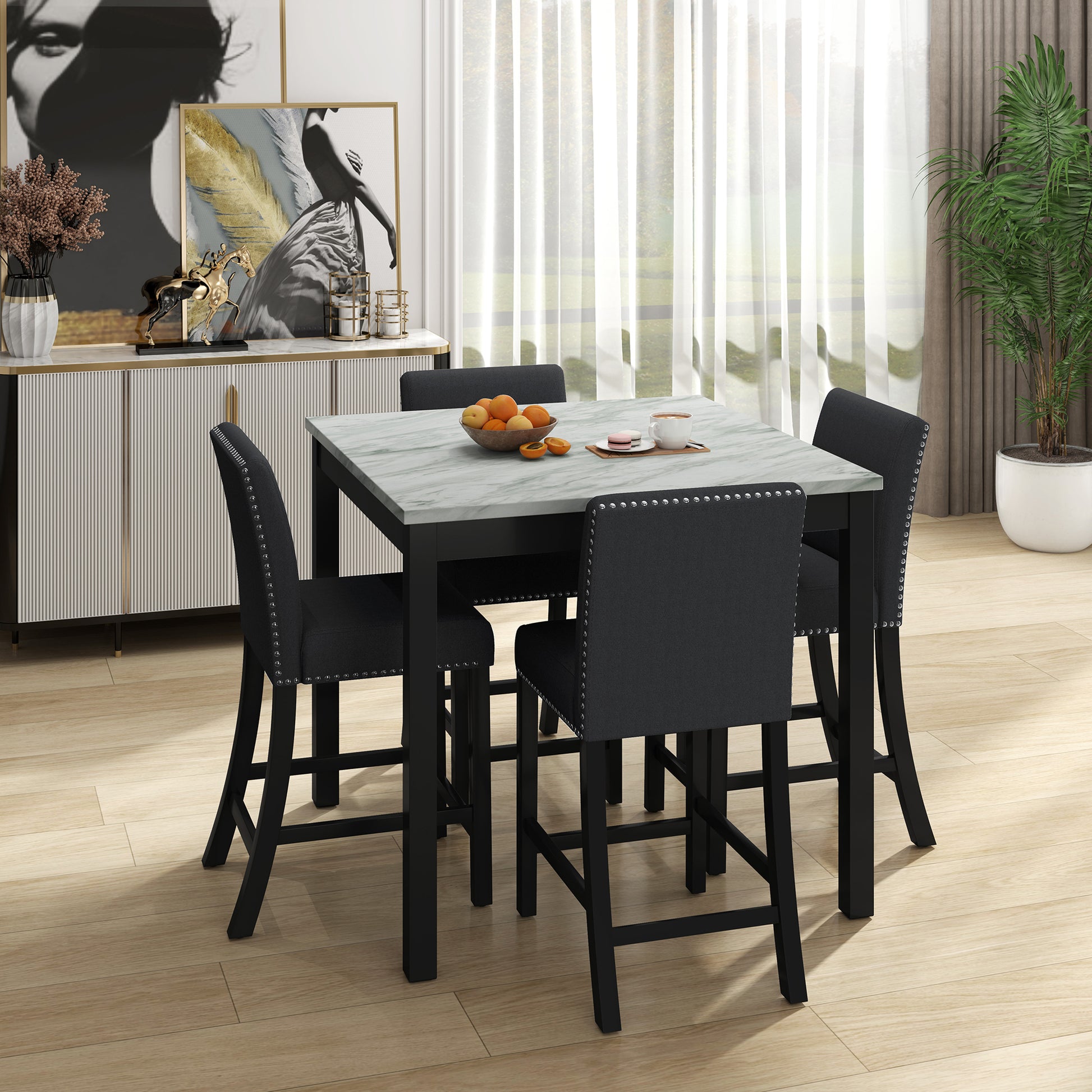 5 Piece Dining Table And Chair Set, Wooden Dining Table And Chair With 4 Chairs For Small Spaces, Modern Square Counter Height Dining Table, Compact Mid Century Modern Home Table And Chair Set, Uphols Black Gray Solid Wood Mdf