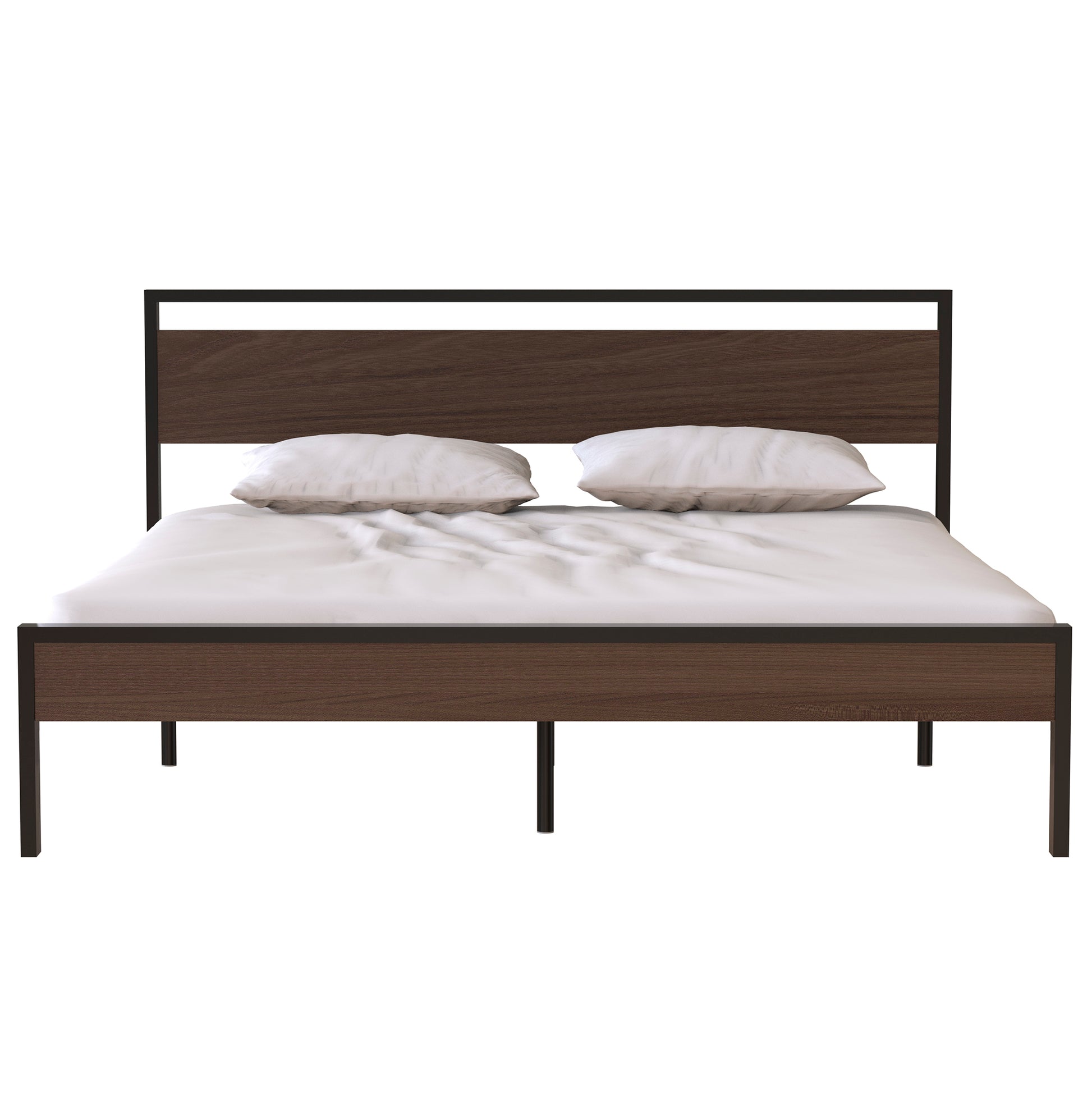 Ceres Metal Bed, Black With Walnut Wood Headboard&Footboard, King Box Spring Not Required King Black Metal Brown Bedroom Bed Frame Metal Metal