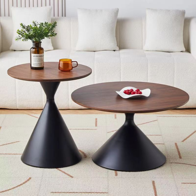 Set Of 2 Coffee Round Tables With A Wulnut Wooden Look Top And Black Steel Base Matt Black Primary Living Space Antique Freestanding Round Laminated Coffee & End Tables Round Metal