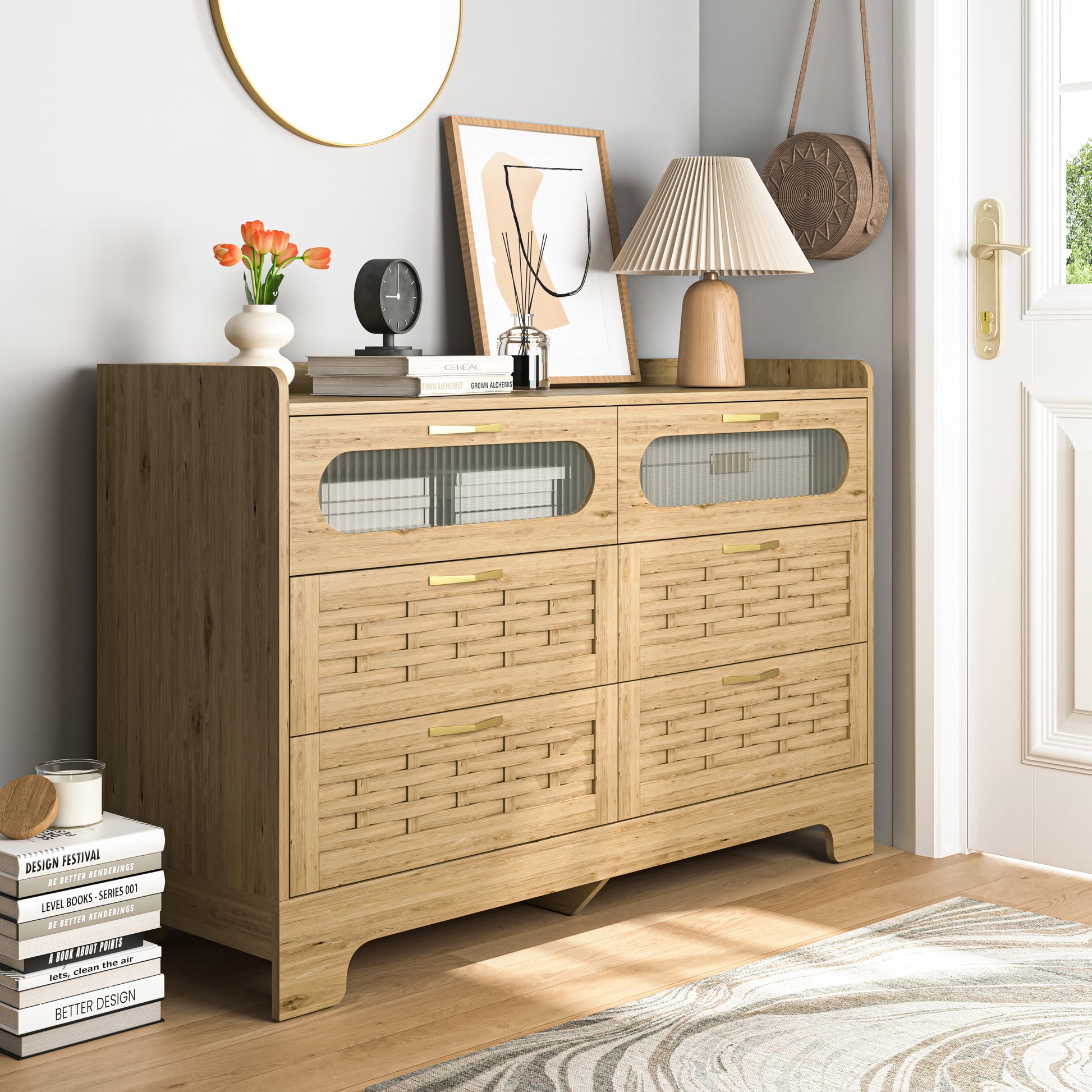 Wood 6 Drawer Dresser For Bedroom, Large Double Dresser With Wide Draw Wood 6 Drawer Dresser For Bedroom, Large Double Dresser With Wide Draw
