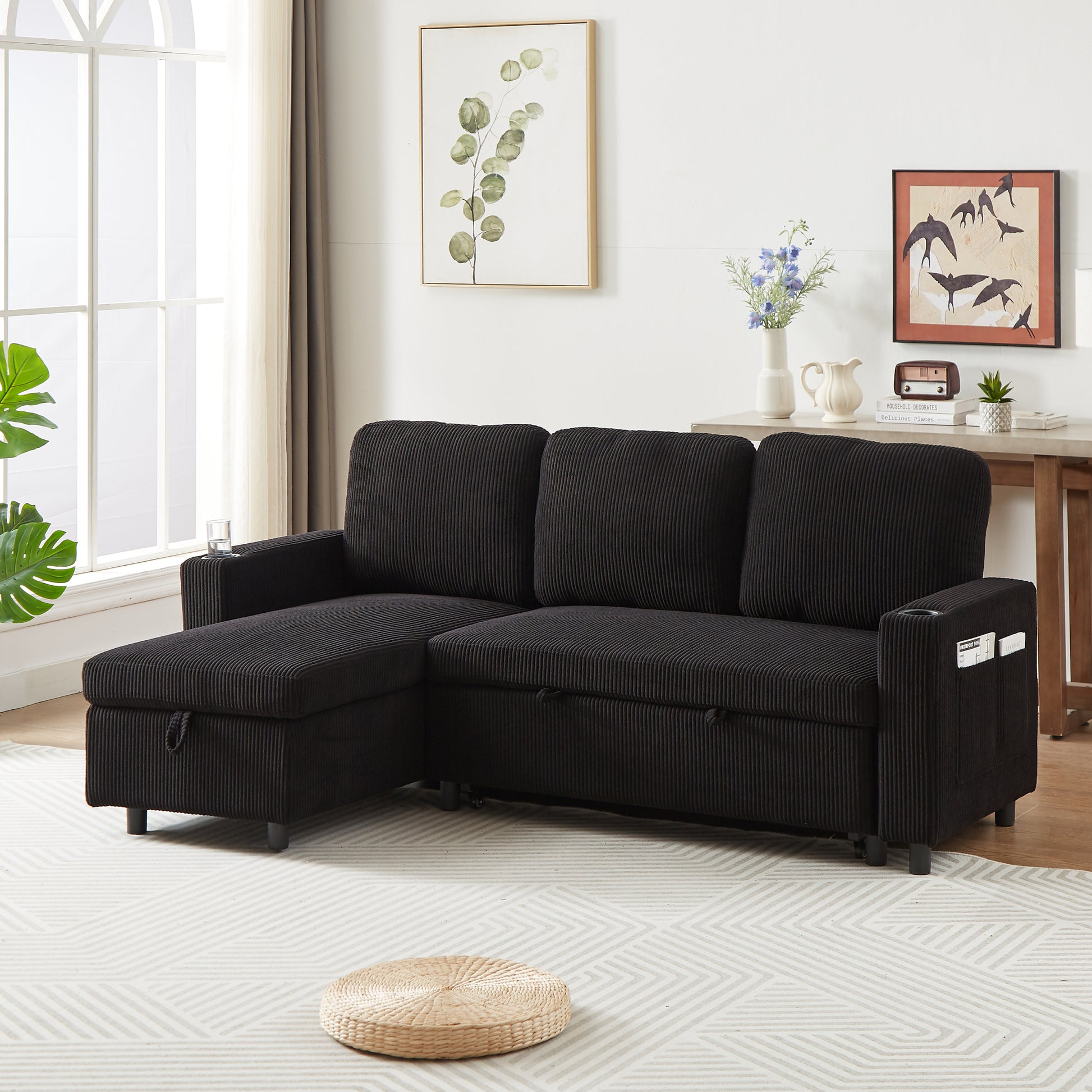 Fx78.7" Comfortable Corduroy L Shaped Combo Sofa Bed, Living Room Furniture Set For Tight Spaces, Reversible Sleeper Combo Sofa With Pullout Bed, Reversible Sofa Bed For Living Room, W1926S00010 Black Wood Primary Living Space Foam Corduroy 3 Seat