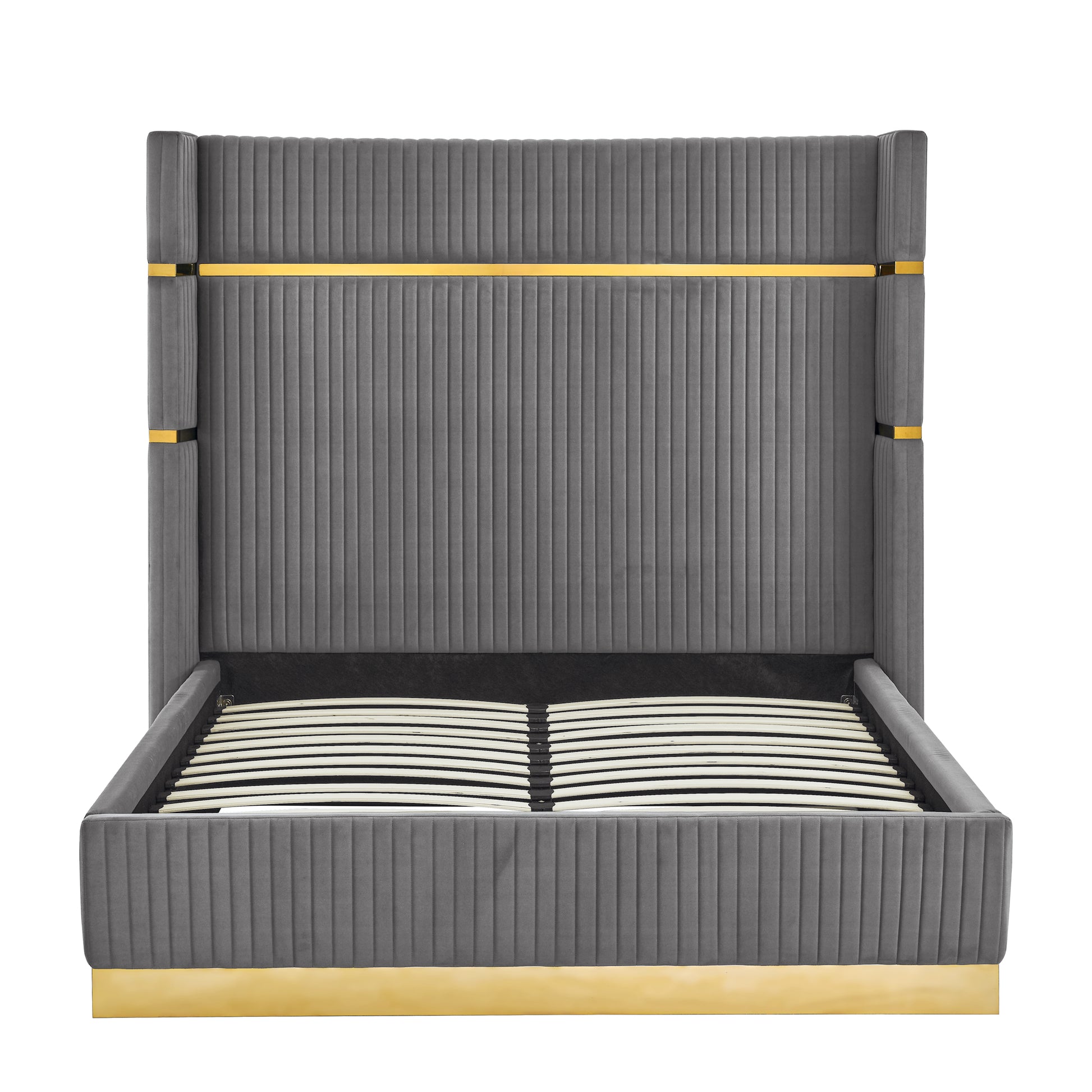 Corduroy Upholstered Bed Frame Queen Size 65" Tall Wingback Headboard Queen Bed Frame Metal Decoration No Box Spring Needed Box Spring Not Required Queen Grey Wood Bedroom Eucalyptus Velvet Foam