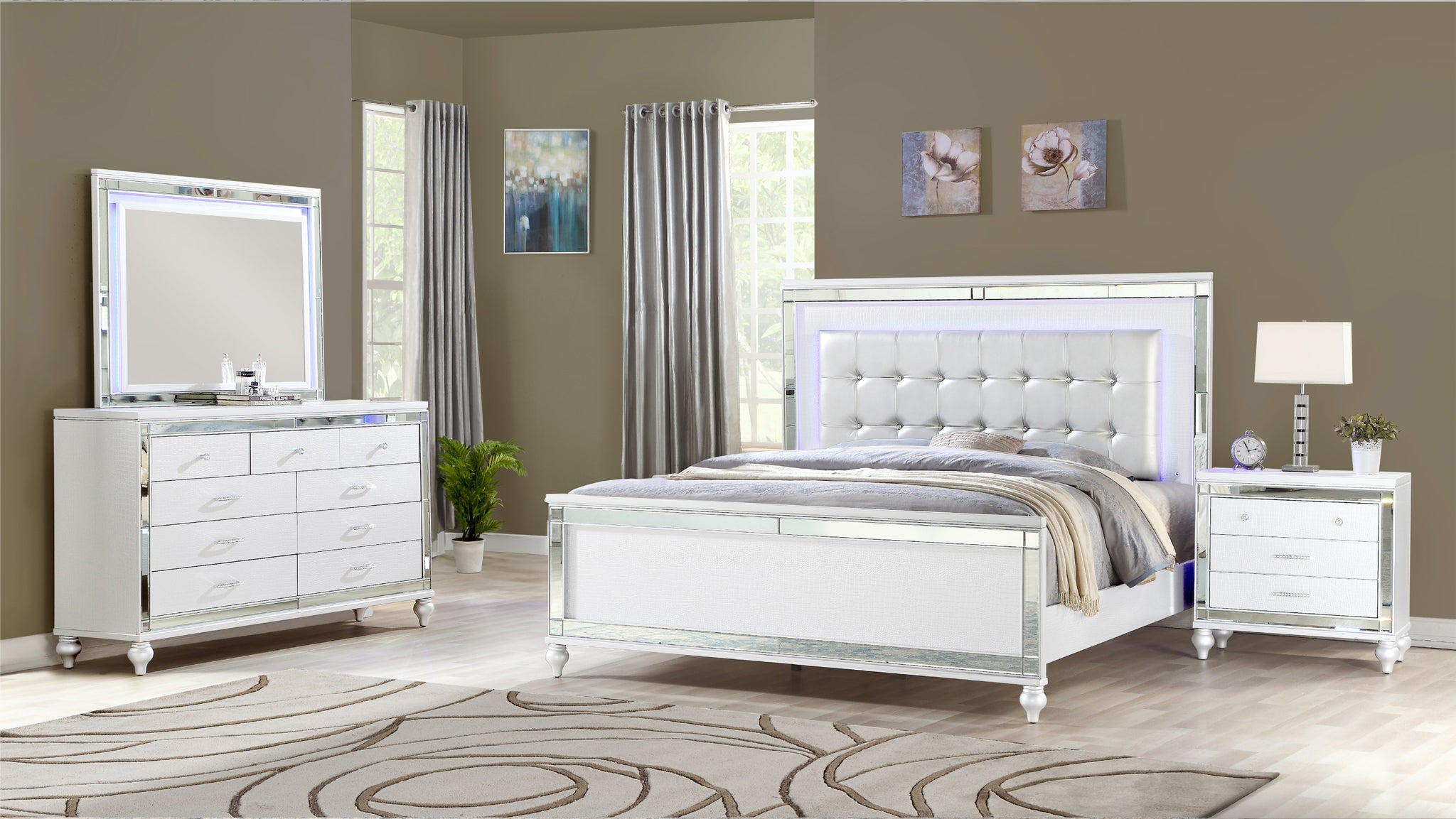 Sterling Queen 4 Pc Led Bedroom Set Made With Wood In White Color Queen White Wood 4 Piece Set Bedroom Bed Included,Dresser Included,Mirror Included,Nightstand Included Contemporary,Modern Solid Wood Mdf Built In Lighting Wood