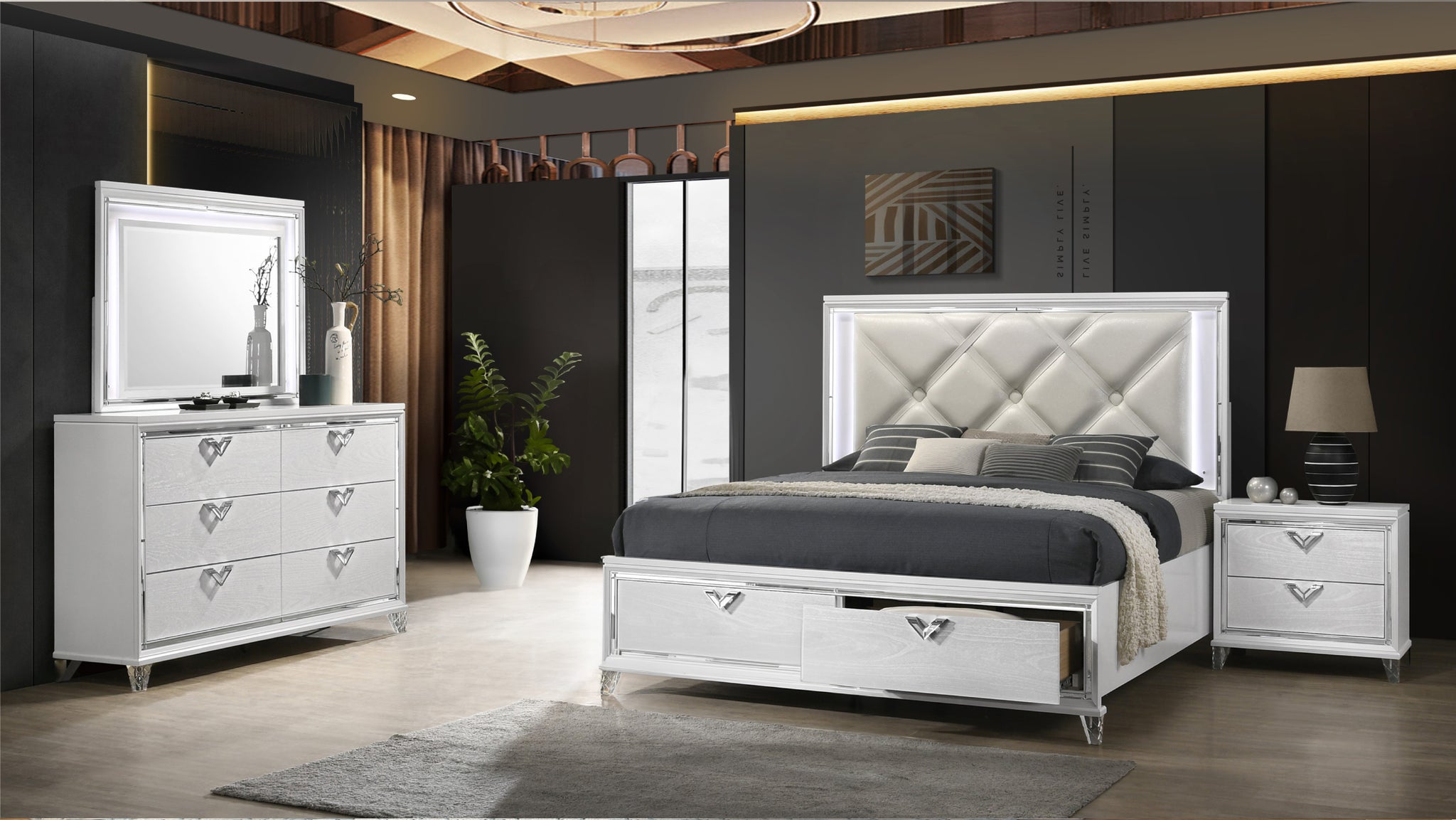 Prism Modern Style King 4Pc Bedroom Set With Led Accents & V Shaped Handles King Box Spring Not Required Silver Wood 4 Piece Set Bedroom Bed Included,Dresser Included,Mirror Included,Nightstand Included Contemporary,Modern Built In Lighting Wood