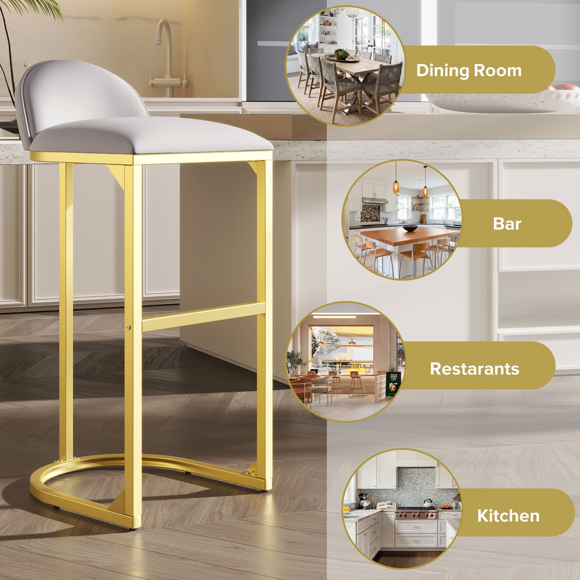 30" Counter Height Bar Stools Set Of 2, Bar Stools With Back And Gold Metal Frame, Modern Luxury Bar Stools With Footrest, Upholstered Velvet Counter Stool Chairs For Kitchen Island Metal Grey Gold Dining Room Powder Coated Sponge Wipe Clean Rectangular