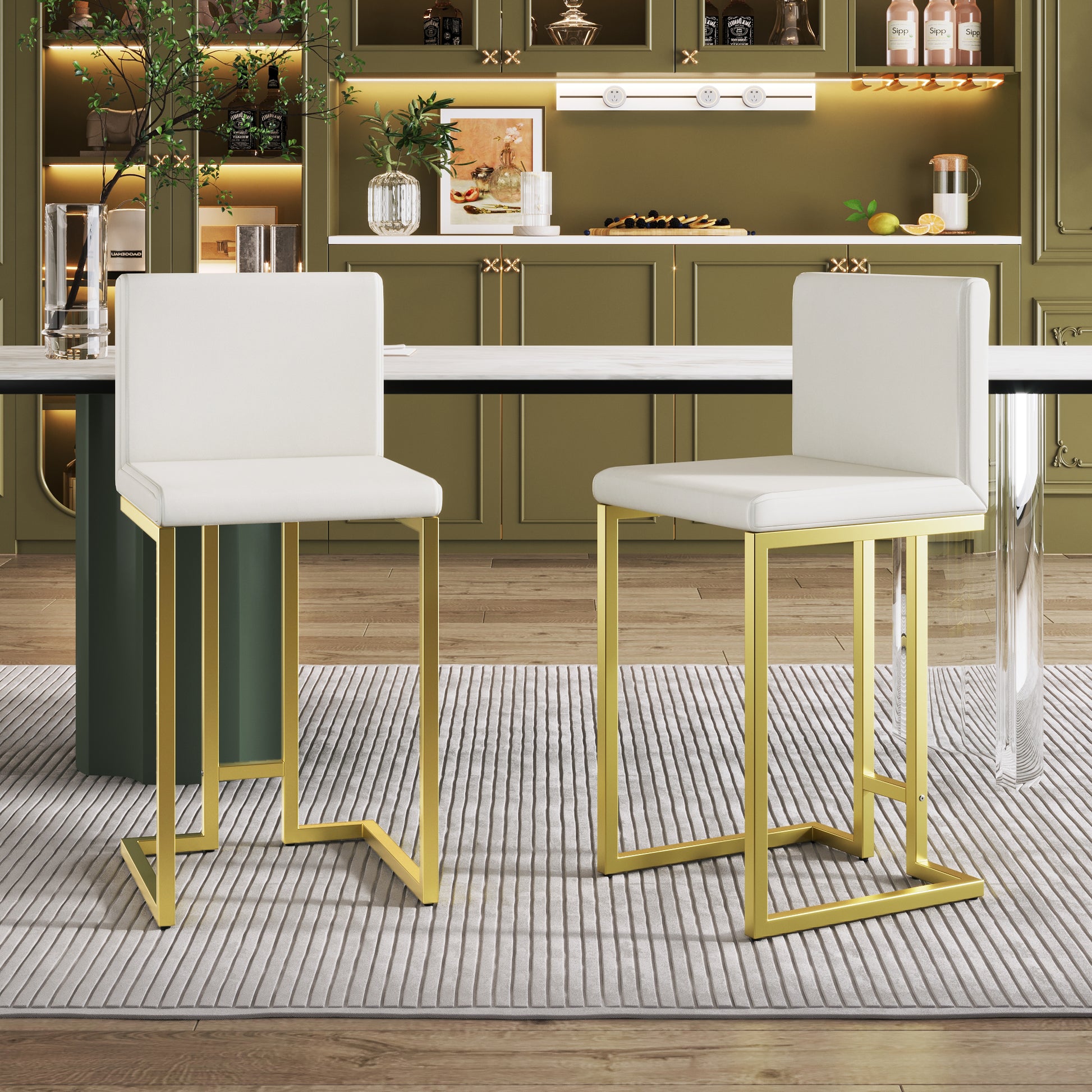 25.8" Counter Height Bar Stools Set Of 2, Mid Century Modern Gold Counter Height Bar Stools With Back Metal White Gold Dining Room Powder Coated Sponge Wipe Clean Rectangular Modern Bar Stools Set Of 2 Fabric Metal