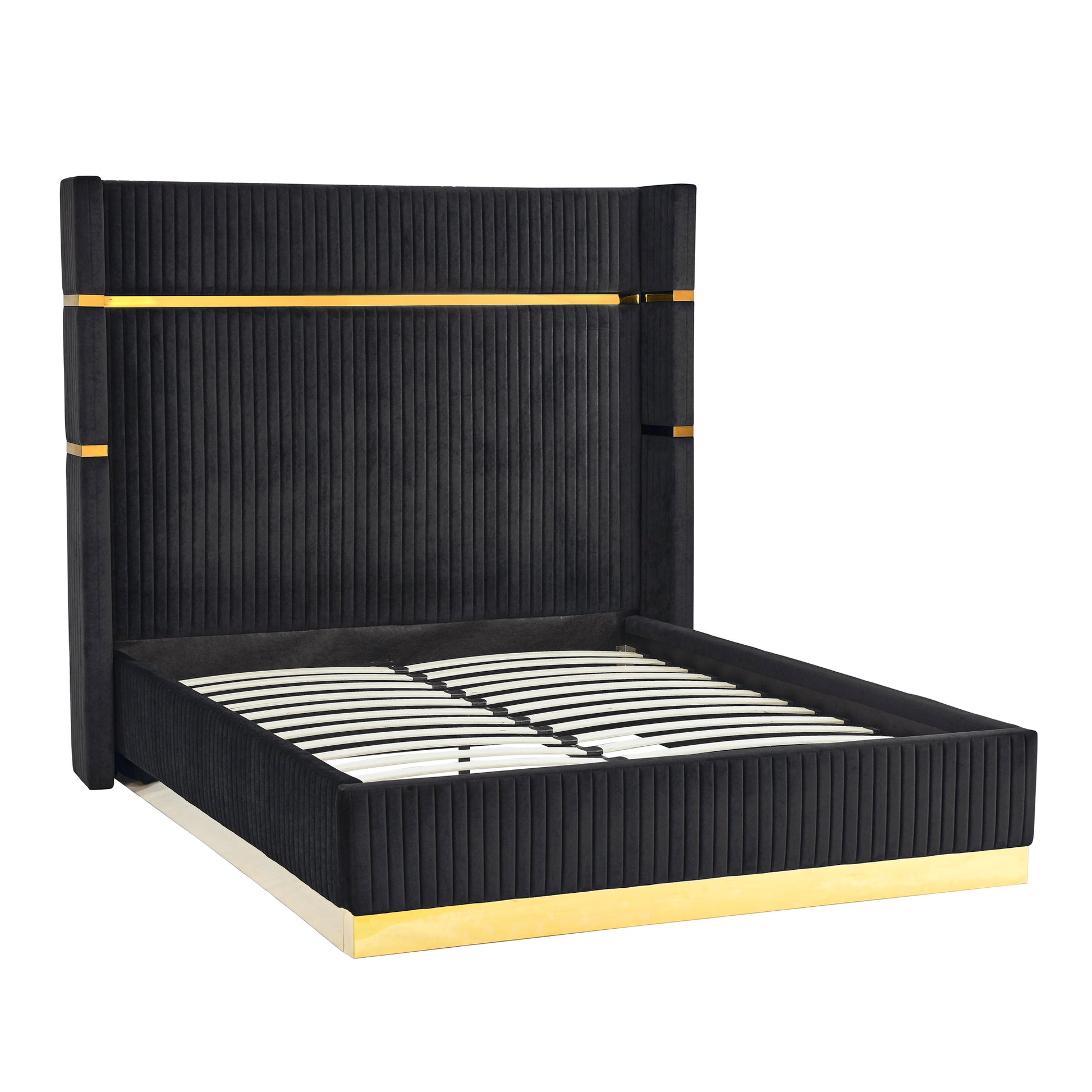 Corduroy Upholstered Bed Frame Queen Size 65" Tall Wingback Headboard Queen Bed Frame Metal Decoration No Box Spring Needed Box Spring Not Required Queen Black Wood Bedroom Eucalyptus Velvet Foam