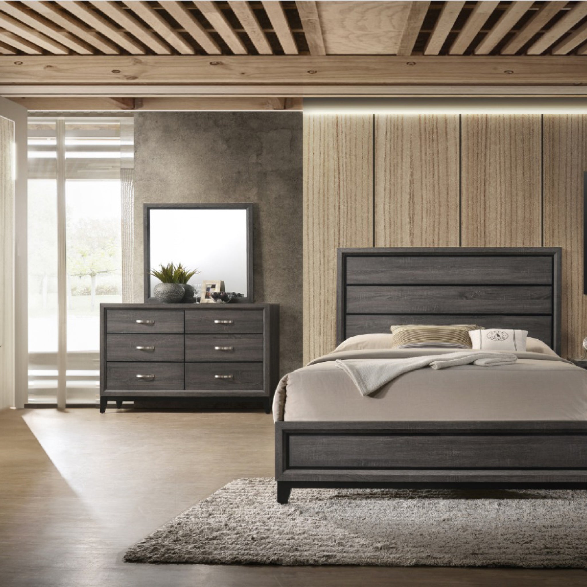 Full 4 Pc Contemporary Bedroom Set Made With Wood In Gray Box Spring Required Full Gray Wood 4 Piece Set Bedroom Bed Included,Dresser Included,Mirror Included,Nightstand Included Contemporary,Modern