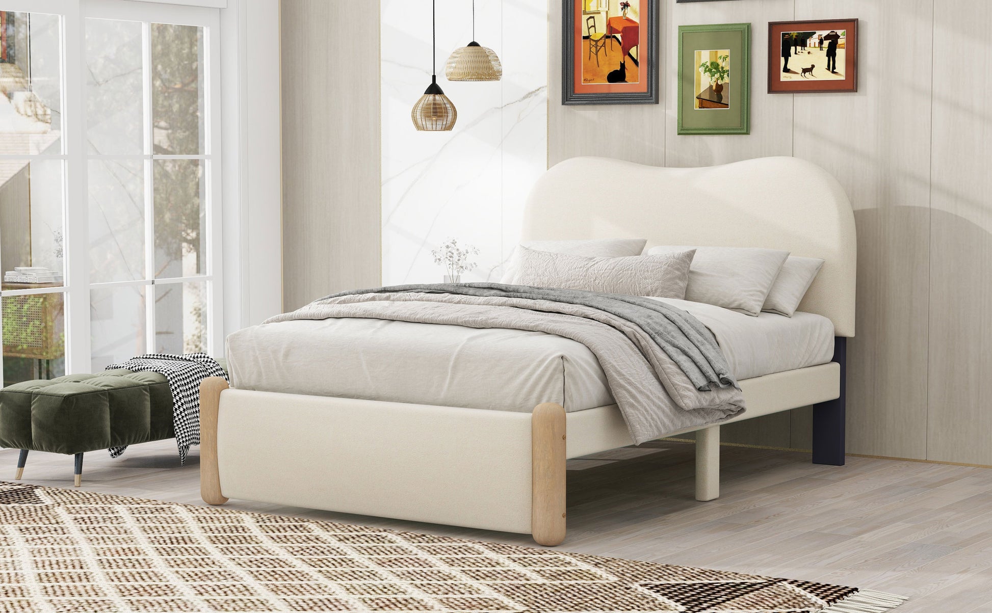 Twin Size Upholstered Platform Bed With Wood Supporting Feet, Beige Box Spring Not Required Twin Beige Bedroom Bed Frame Upholstered