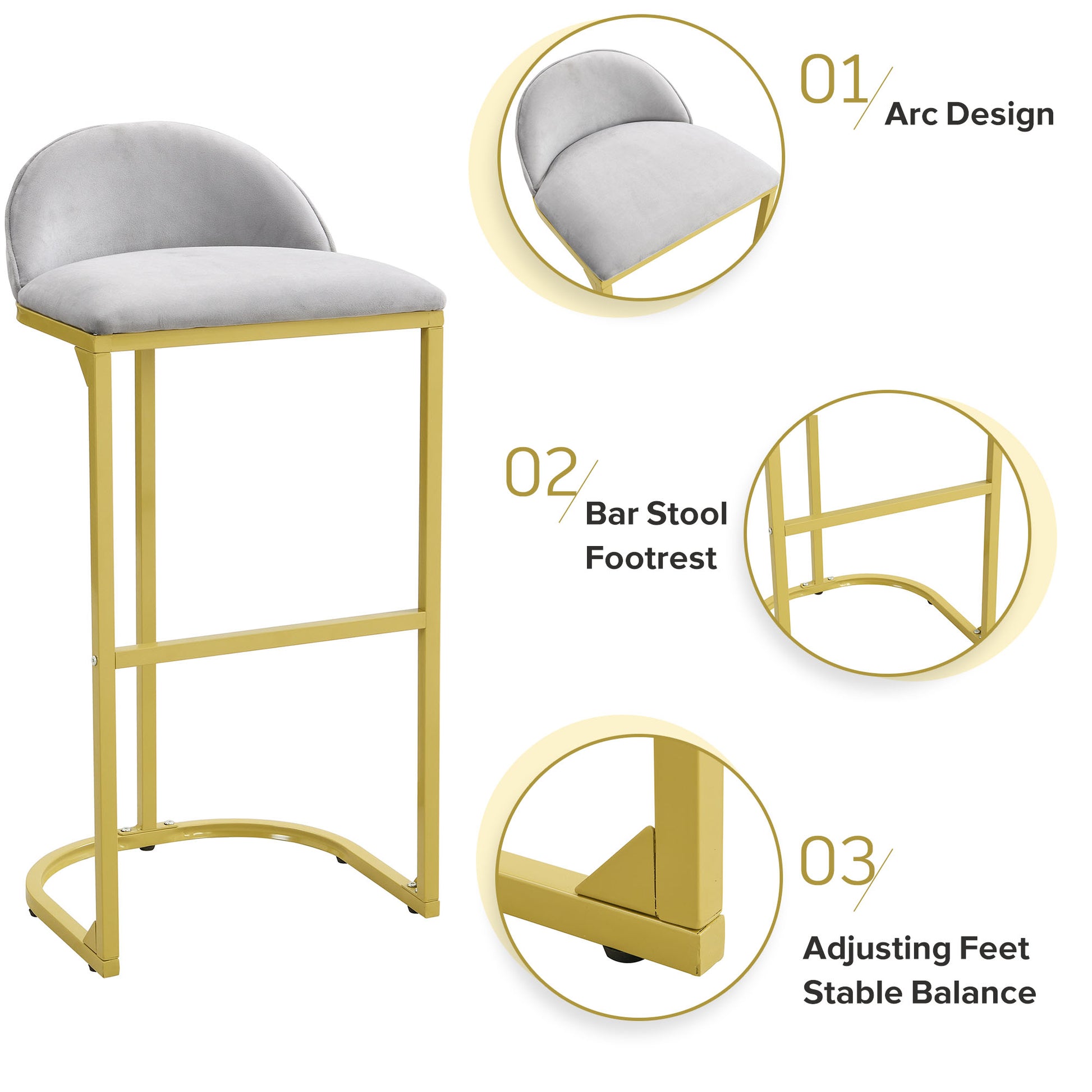 30" Counter Height Bar Stools Set Of 2, Bar Stools With Back And Gold Metal Frame, Modern Luxury Bar Stools With Footrest, Upholstered Velvet Counter Stool Chairs For Kitchen Island Metal Grey Gold Dining Room Powder Coated Sponge Wipe Clean Rectangular