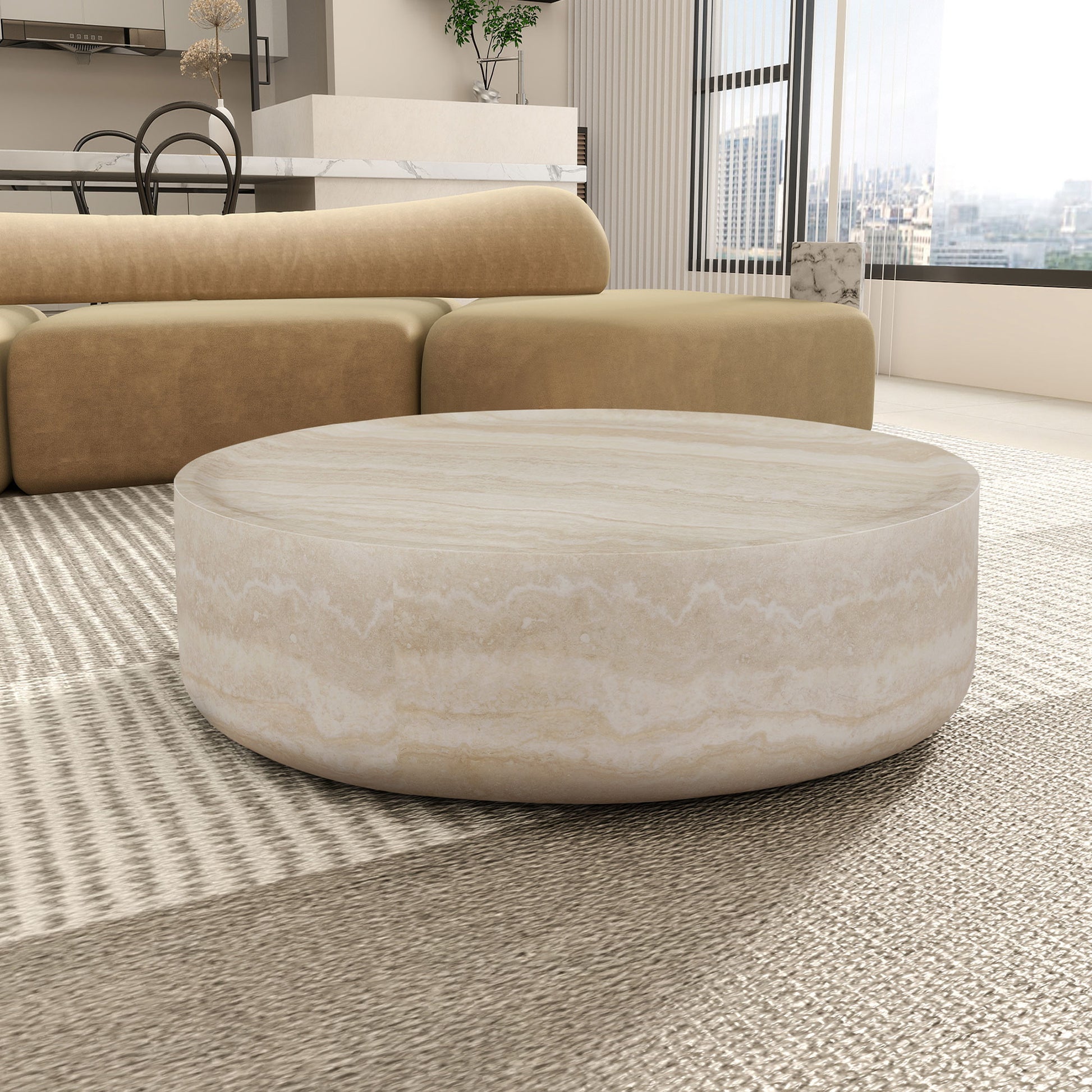 35.43'' Faux Mars Pattern Coffee Tables For Living Room Round Tea Faux Travertine Textured Table For Living Room, No Need Assembly. Marble Fiberglass