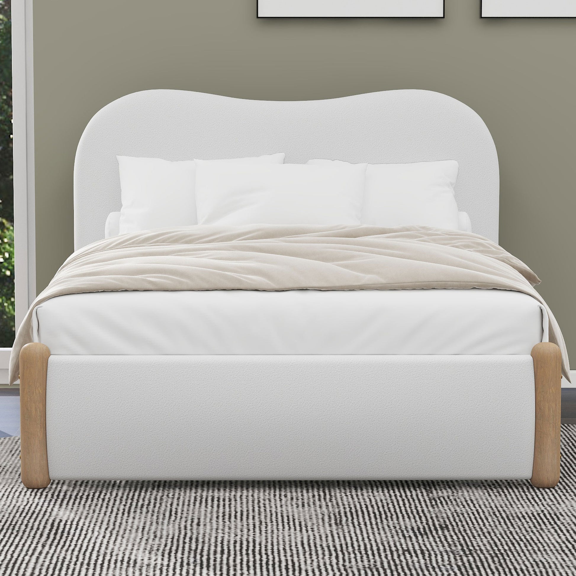 Full Size Upholstered Platform Bed With Wood Supporting Feet, White Box Spring Not Required Full White Bedroom Bed Frame Upholstered