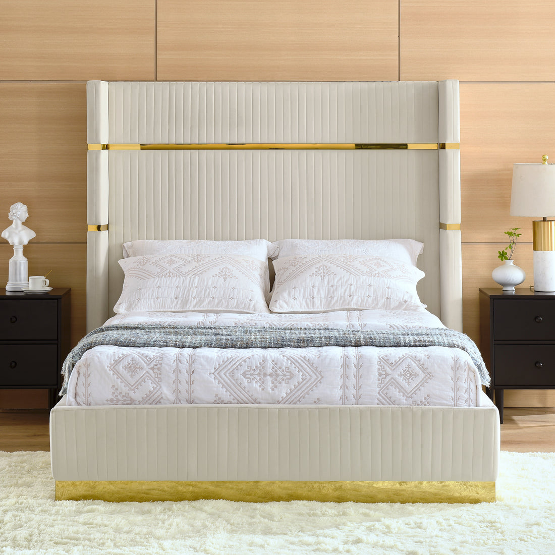 Corduroy Upholstered Bed Frame Queen Size 65" Tall Wingback Headboard Queen Bed Frame Metal Decoration No Box Spring Needed Box Spring Not Required Queen Beige Wood Bedroom Eucalyptus Velvet Foam