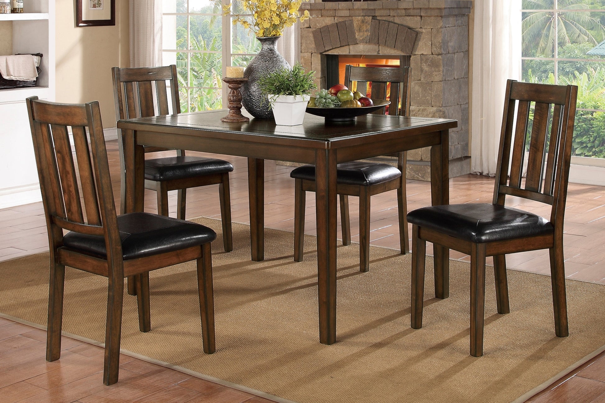 Dark Brown Cherry Finish 5Pc Dining Set Table With Chairs Black Faux