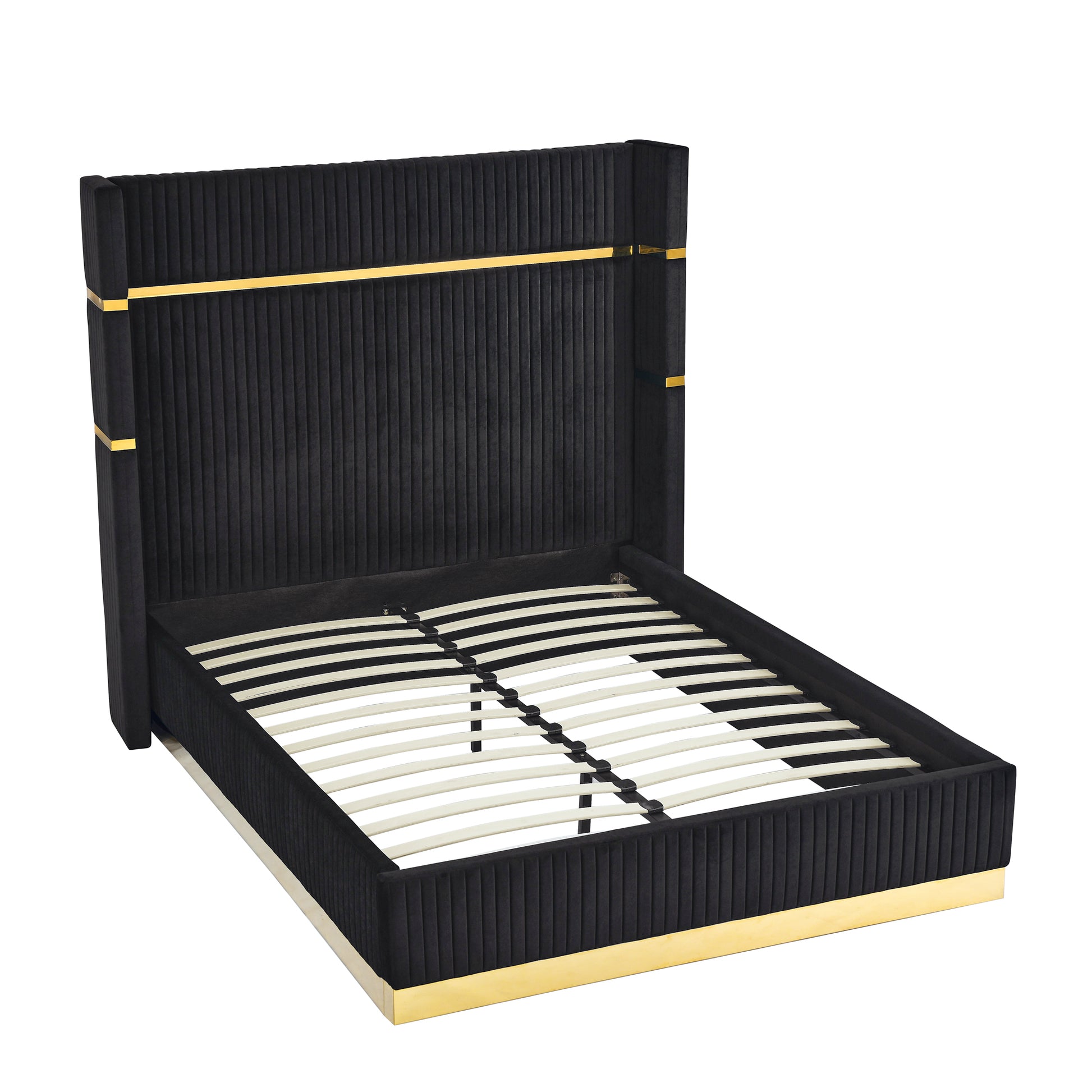 Corduroy Upholstered Bed Frame Queen Size 65" Tall Wingback Headboard Queen Bed Frame Metal Decoration No Box Spring Needed Box Spring Not Required Queen Black Wood Bedroom Eucalyptus Velvet Foam