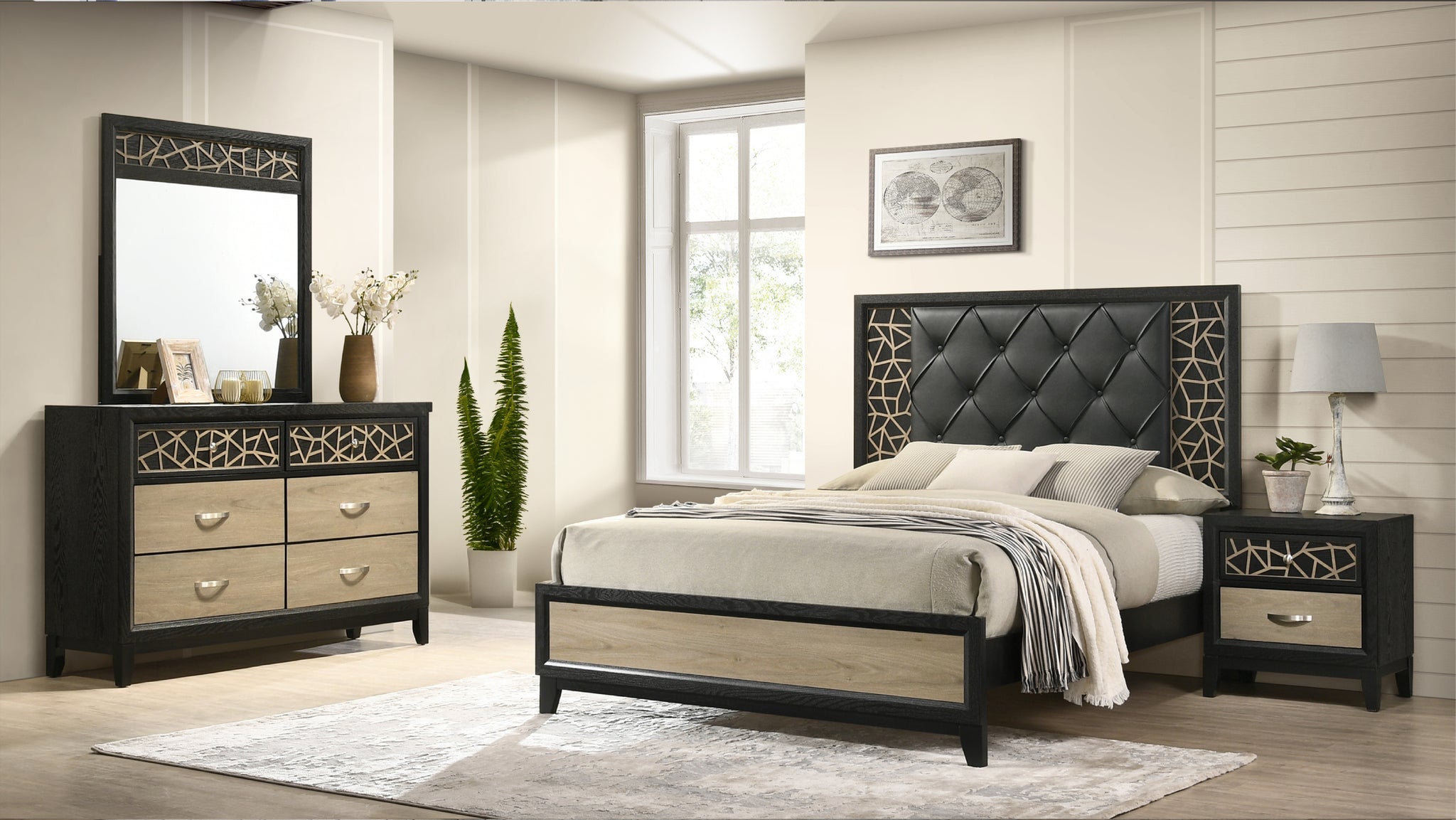 Selena Modern & Contemporary Queen 4Pc Bedroom Set Made With Wood In Black And Natural Box Spring Not Required Queen Black Natural Wood 4 Piece Set Bedroom Bed Included,Dresser Included,Mirror Included,Nightstand Included Contemporary,Modern Upholstered