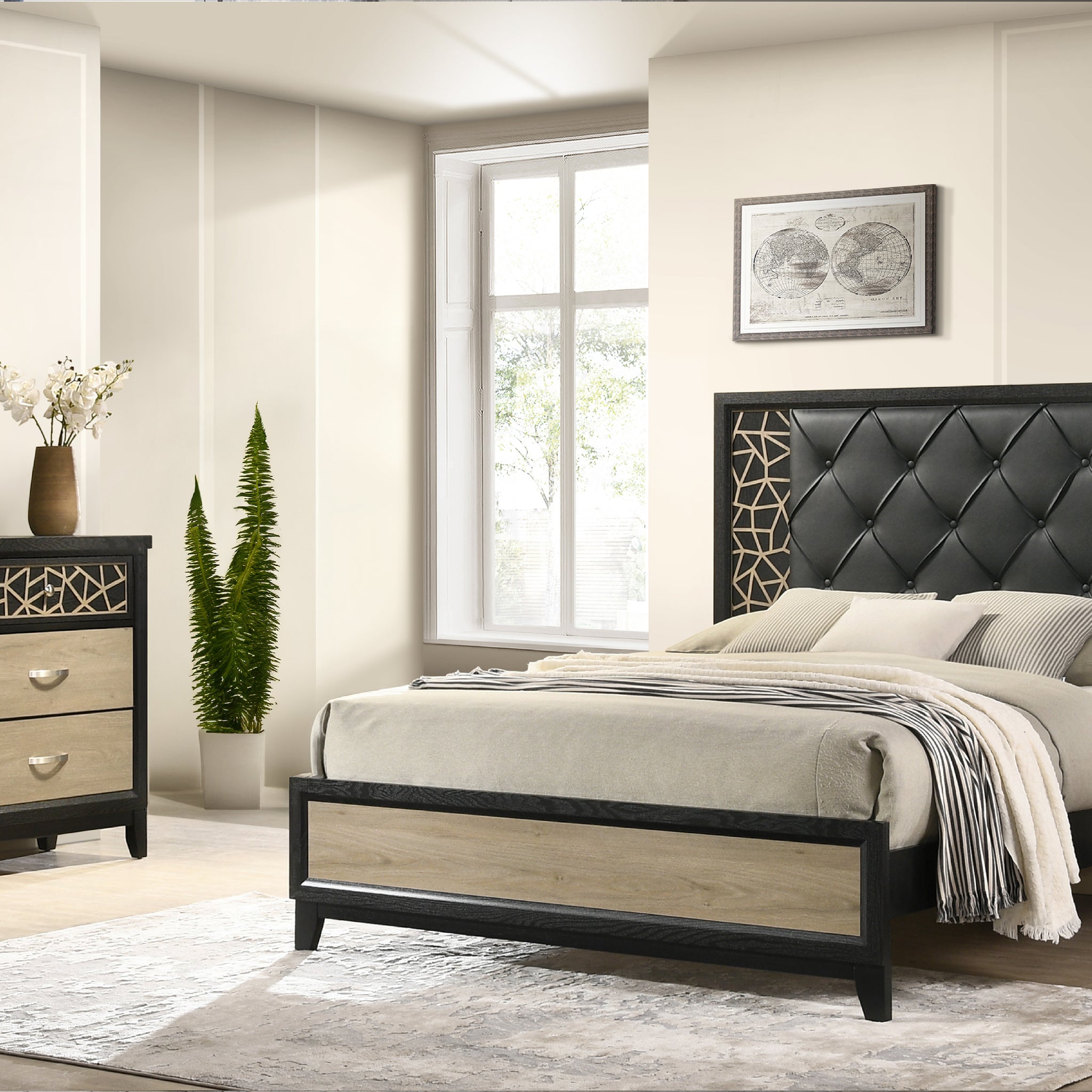 Selena Modern & Contemporary King 4Pc Bedroom Set Made With Wood In Black And Natural Box Spring Not Required King Black Natural Wood 4 Piece Set Bedroom Bed Included,Dresser Included,Mirror Included,Nightstand Included Contemporary,Modern Upholstered