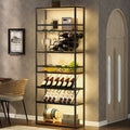 Led Tall Wine Rack Freestanding Floor, 7 Tier Wine Baker Rack With Glass Holder & Wine Storage, Industrial Wine Display Shelf Wine Bar Cabinet For Bar, Kitchen, Dining Room Walnut Black Dining Room Industrial Mdf Metal