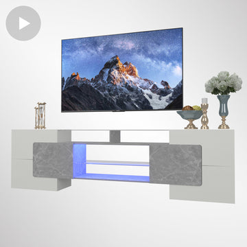 Video Tv Console With Storage Cabinets, Long Led Tv Stand Full Rgb Color Selection, 31 Modes Changing Lights Modern Entertainment Center With 2 Tempered Glass Shelves Grey White, For 80 Inches Marble Primary Living Space 80 89 Inches 80 89 Inches Modern