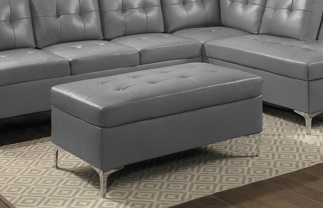 Contemporary Gray Tufted Top 1Pc Ottoman Faux Leather Upholstered Solid Wood Frame Living Room Furniture Silver Metal Legs Gray Wood Primary Living Space Grey Contemporary Rectangle Solid Wood