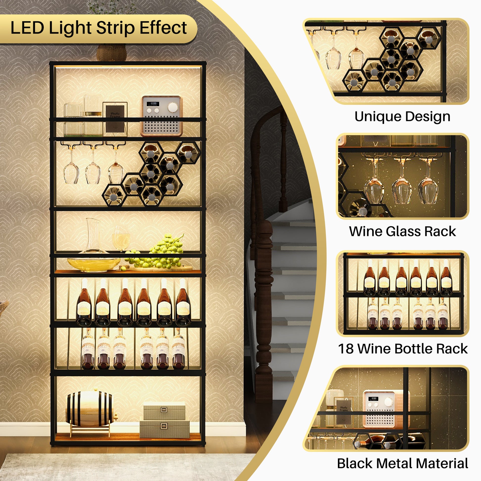 Led Tall Wine Rack Freestanding Floor, 7 Tier Wine Baker Rack With Glass Holder & Wine Storage, Industrial Wine Display Shelf Wine Bar Cabinet For Bar, Kitchen, Dining Room Walnut Black Dining Room Industrial Mdf Metal