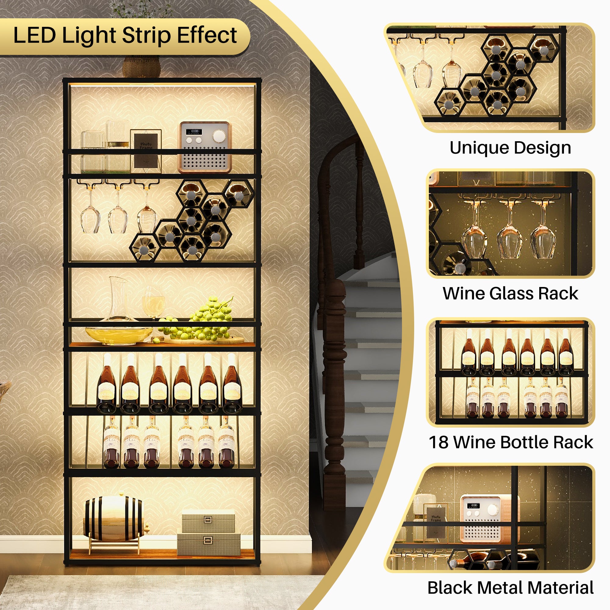 LED Tall Bar Cabinet Wine Rack, Black Contemporary walnut+black-dining room-industrial-mdf+metal