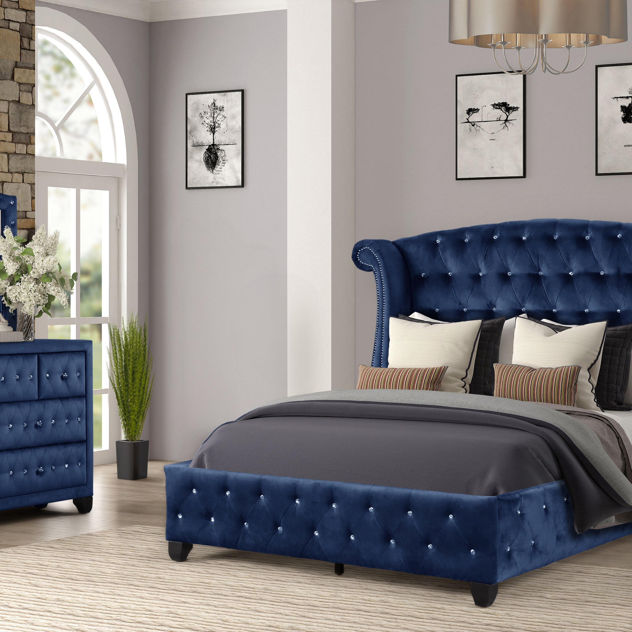 Sophia Modern Style Crystal Tufted Full 4 Piece Includes: Full Size Bed, Nightstand, Dresser, And Mirror Velvet Fabric Upholstery Bedroom Set Made With Wood In Blue Box Spring Not Required Full Blue Wood 4 Piece Set Bedroom Modern Acacia Upholstered