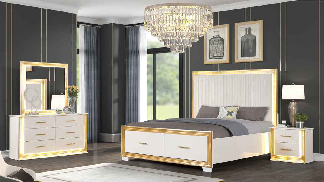 Contemporary Style 4Pc Queen Bedroom Set Made With Wood & Gold Finish Box Spring Not Required Queen White Wood 4 Piece Set Bedroom Bed Included,Dresser Included,Mirror Included,Nightstand Included Contemporary,Modern Solid Wood Mdf Built In Lighting Wood