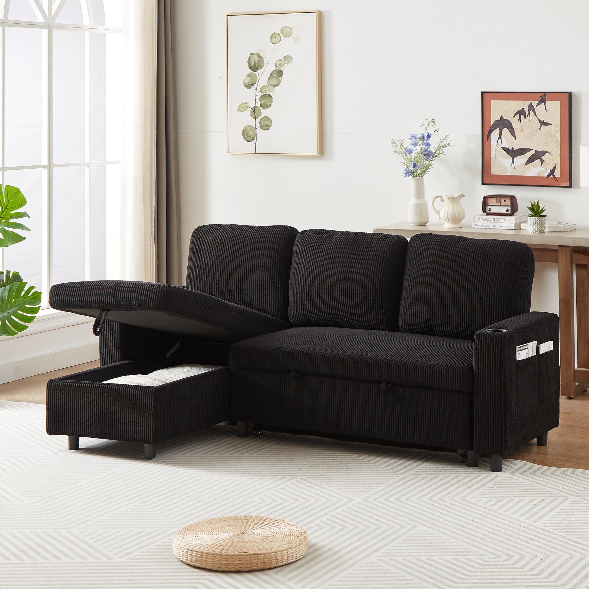 Fx78.7" Comfortable Corduroy L Shaped Combo Sofa Bed, Living Room Furniture Set For Tight Spaces, Reversible Sleeper Combo Sofa With Pullout Bed, Reversible Sofa Bed For Living Room, W1926S00010 Black Wood Primary Living Space Foam Corduroy 3 Seat