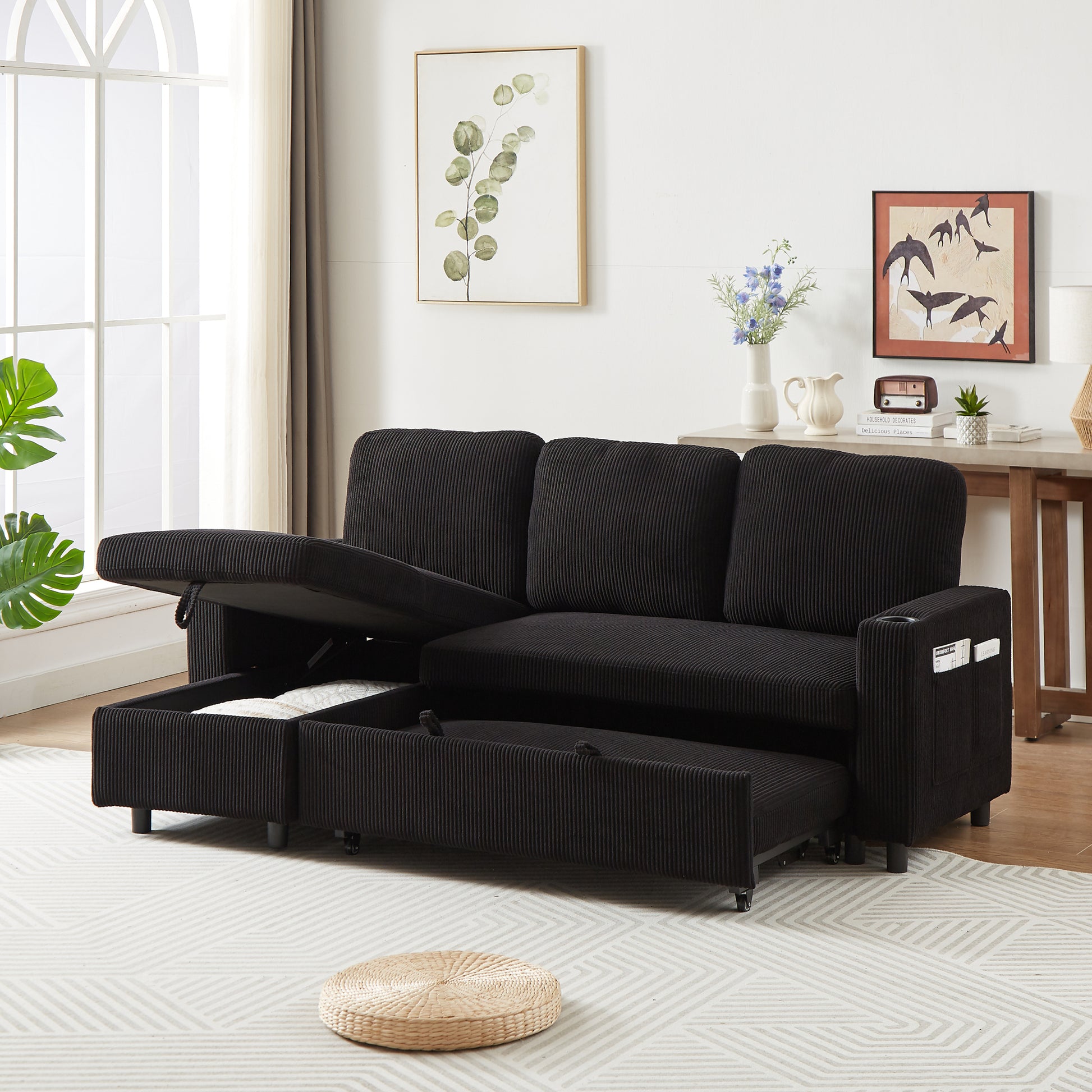 Fx78.7" Comfortable Corduroy L Shaped Combo Sofa Bed, Living Room Furniture Set For Tight Spaces, Reversible Sleeper Combo Sofa With Pullout Bed, Reversible Sofa Bed For Living Room, W1926S00010 Black Wood Primary Living Space Foam Corduroy 3 Seat