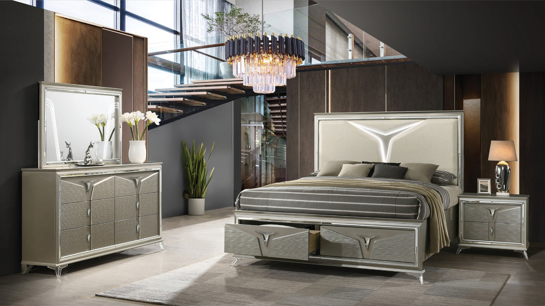Samantha Modern Style King 4PC Bedroom Set Made with box spring not required-king-silver-wood-4 piece