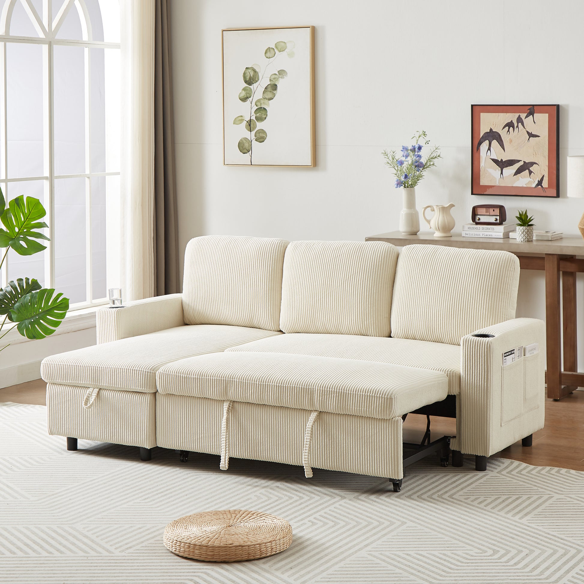 Fx78.7" Comfortable Corduroy L Shaped Combo Sofa Bed, Living Room Furniture Set For Tight Spaces, Reversible Sleeper Combo Sofa With Pullout Bed, Reversible Sofa Bed For Living Room, W1926S00009 Beige Linen Wood Primary Living Space Foam Corduroy 3 Seat