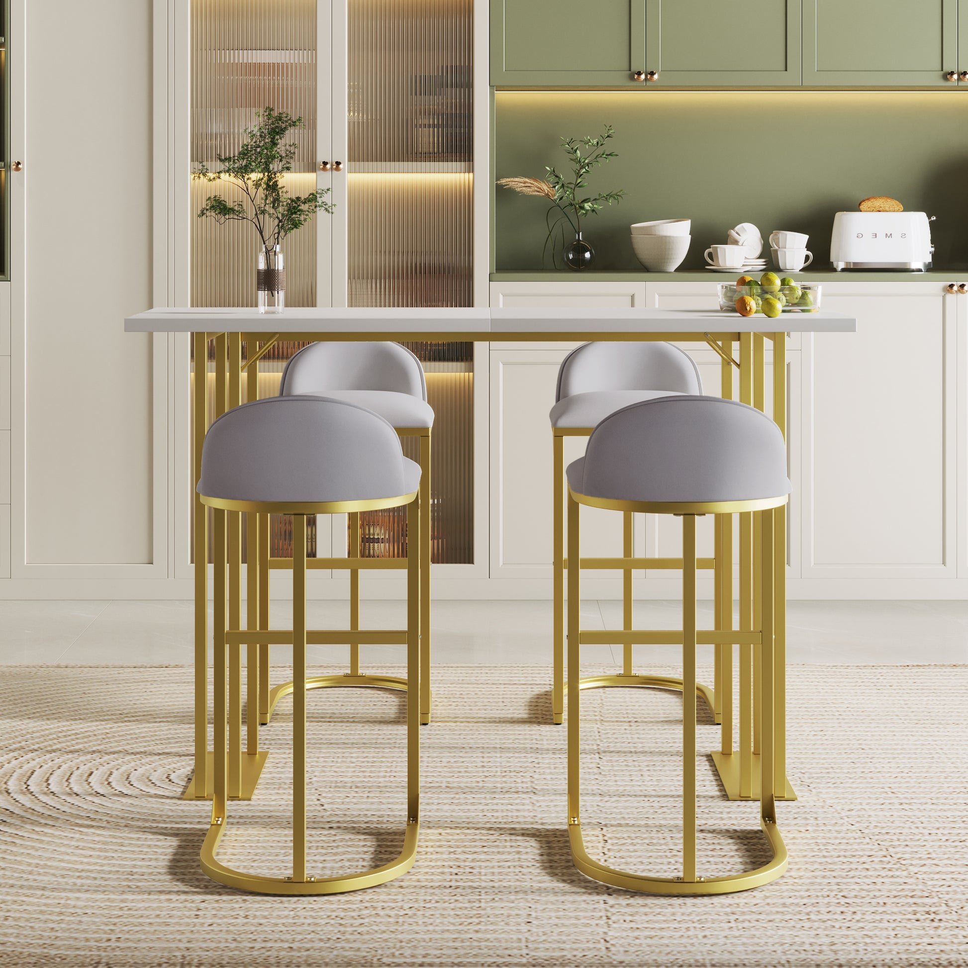 5 Pcs Bar Table And Chairs Set, Modern Gold White Table With 4 Velvet Cushion Bar Stools, Kitchen Counter High Top Table, Breakfast Table Set, Space Saving Table For Home & Kitchen, Gold Frame Metal Grey White Seats 4 Metal Dining Room Contemporary