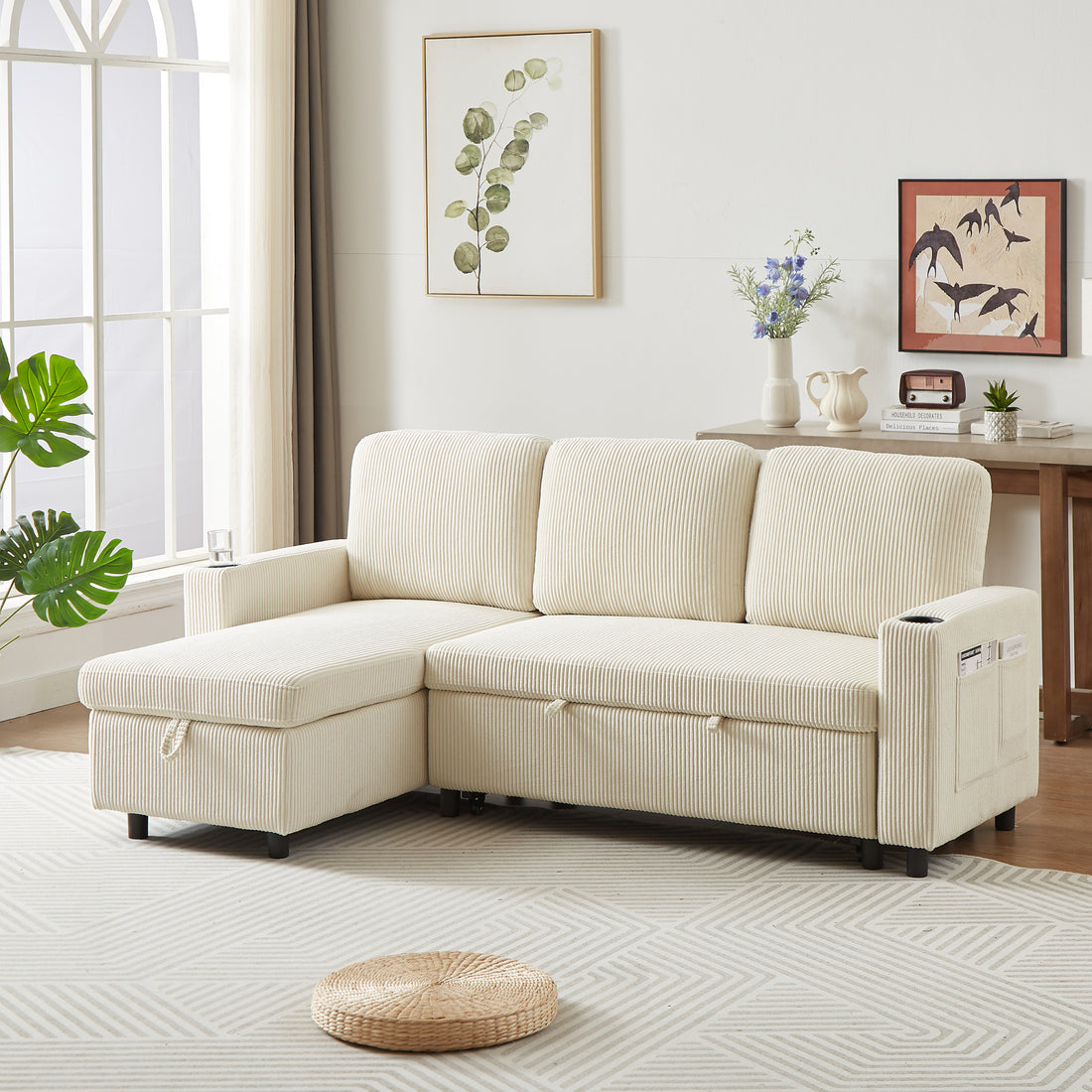 Fx78.7" Comfortable Corduroy L Shaped Combo Sofa Bed, Living Room Furniture Set For Tight Spaces, Reversible Sleeper Combo Sofa With Pullout Bed, Reversible Sofa Bed For Living Room, W1926S00009 Beige Linen Wood Primary Living Space Foam Corduroy 3 Seat