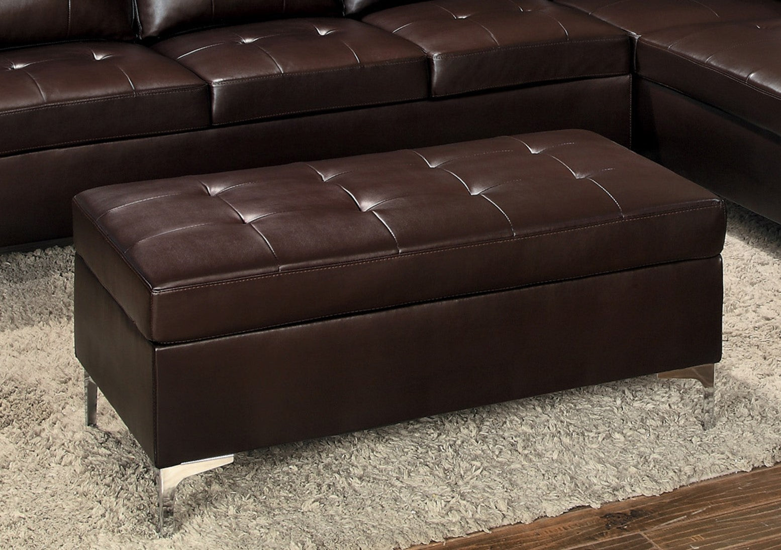 Contemporary Brown Tufted Top 1Pc Ottoman Faux Leather Upholstered Solid Wood Frame Living Room Furniture Silver Metal Legs Brown Wood Primary Living Space Brown Contemporary Rectangle Solid Wood