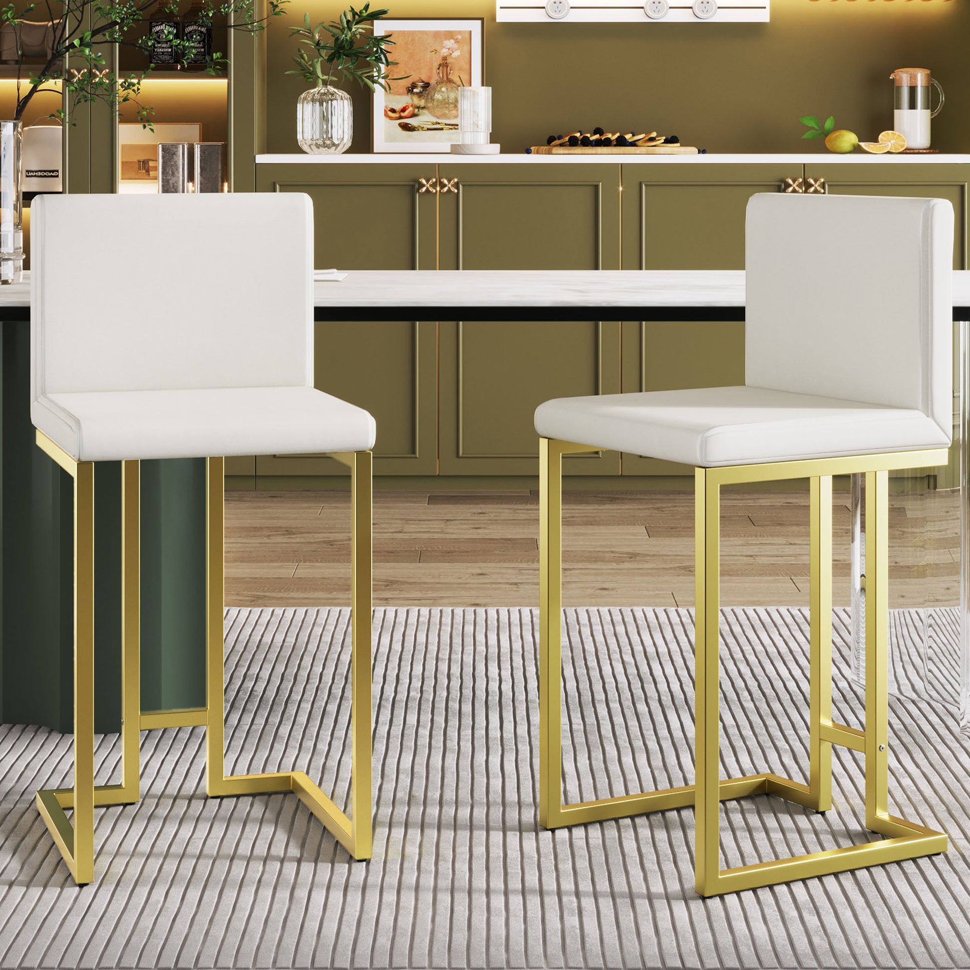 25.8" Counter Height Bar Stools Set Of 2, Mid Century Modern Gold Counter Height Bar Stools With Back Metal White Gold Dining Room Powder Coated Sponge Wipe Clean Rectangular Modern Bar Stools Set Of 2 Fabric Metal