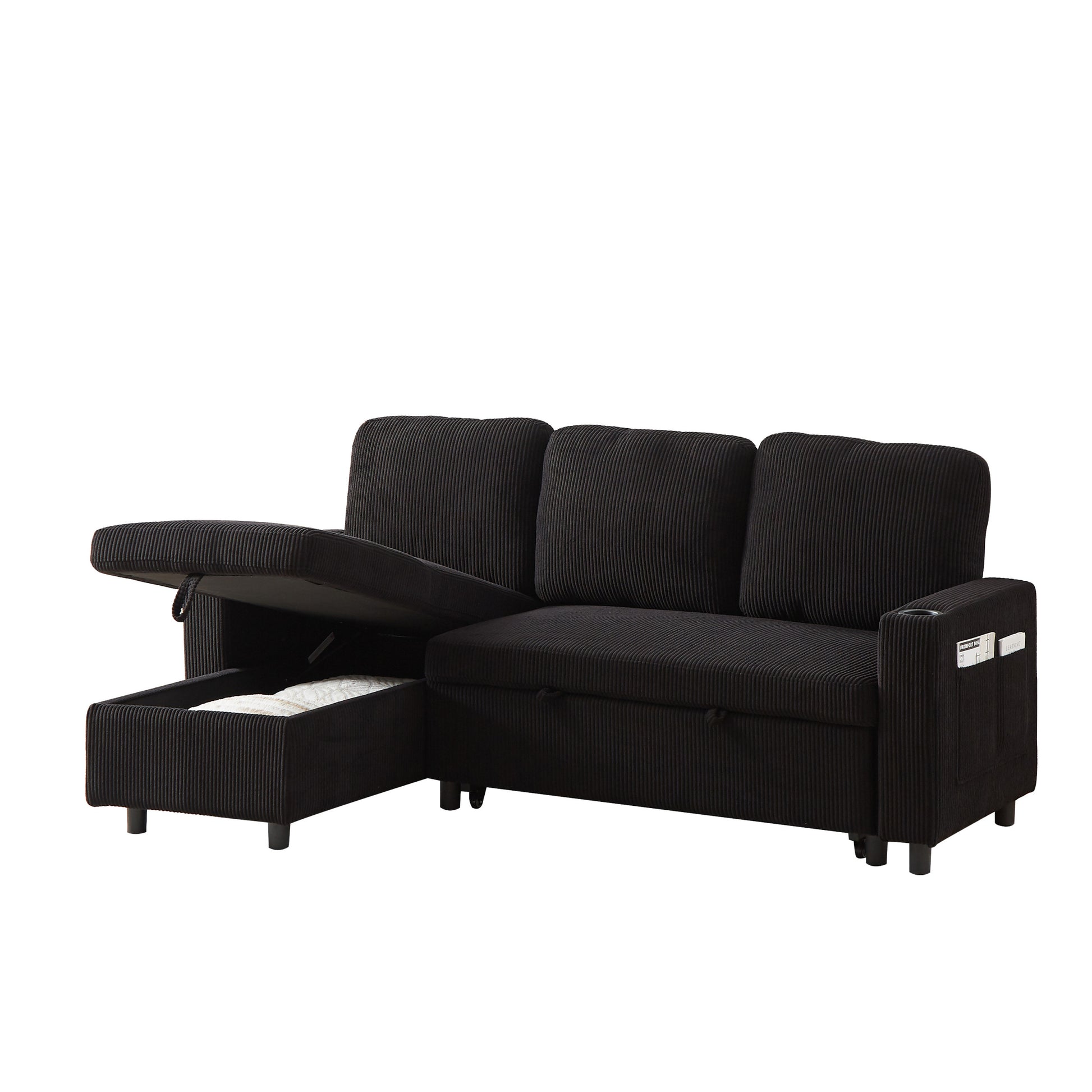 Fx78.7" Comfortable Corduroy L Shaped Combo Sofa Bed, Living Room Furniture Set For Tight Spaces, Reversible Sleeper Combo Sofa With Pullout Bed, Reversible Sofa Bed For Living Room, W1926S00010 Black Wood Primary Living Space Foam Corduroy 3 Seat