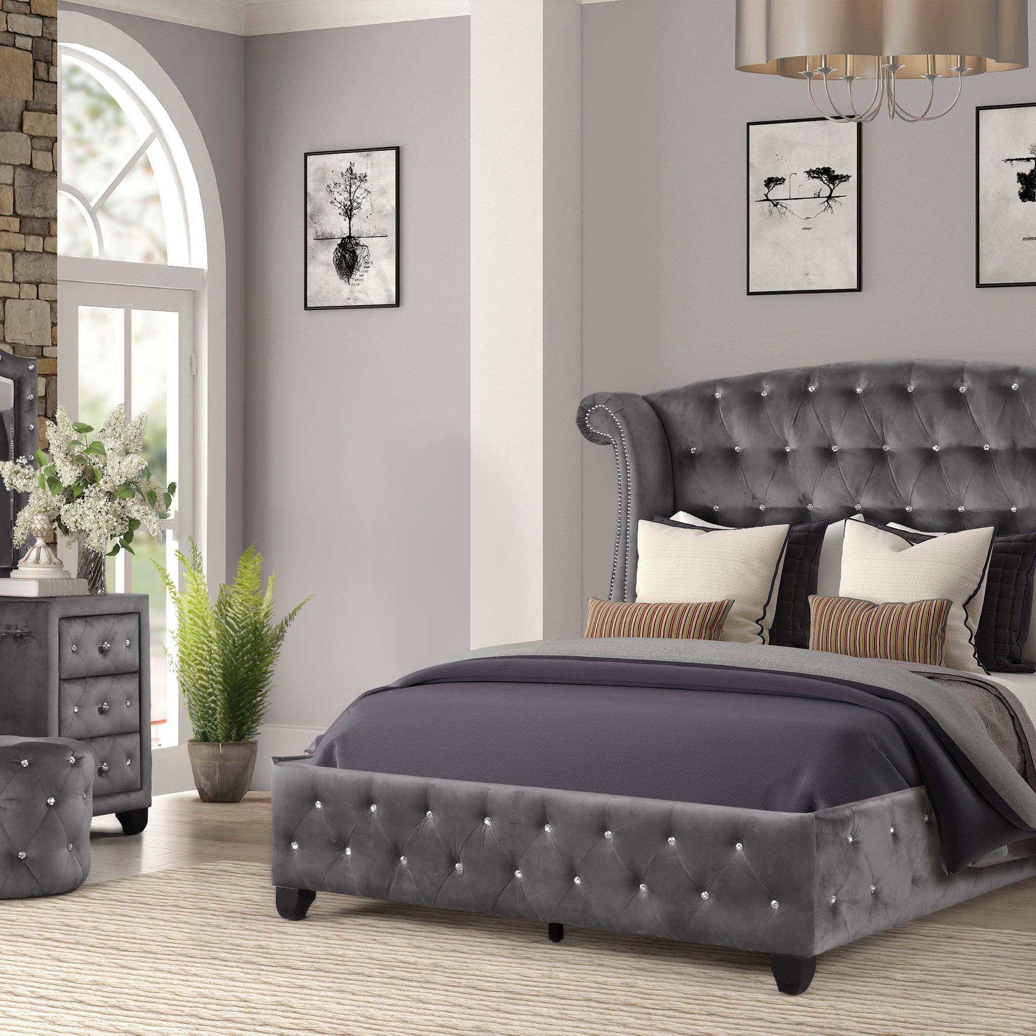 Sophia Modern Style Crystal Tufted Queen 4 Piece Includes: Queen Size Bed, Nightstand, Vanity Set Velvet Fabric Upholstery Vanity Bedroom Set Made With Wood In Gray Box Spring Not Required Queen Gray Wood 4 Piece Set Bedroom Contemporary,Modern Acacia