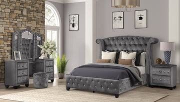 Full 4 Pc Vanity Upholstery Bedroom Set Made With Wood In Gray Box Spring Not Required Full Gray 4 Piece Set Bedroom Contemporary,Modern Upholstered Velvet Tufted Wood