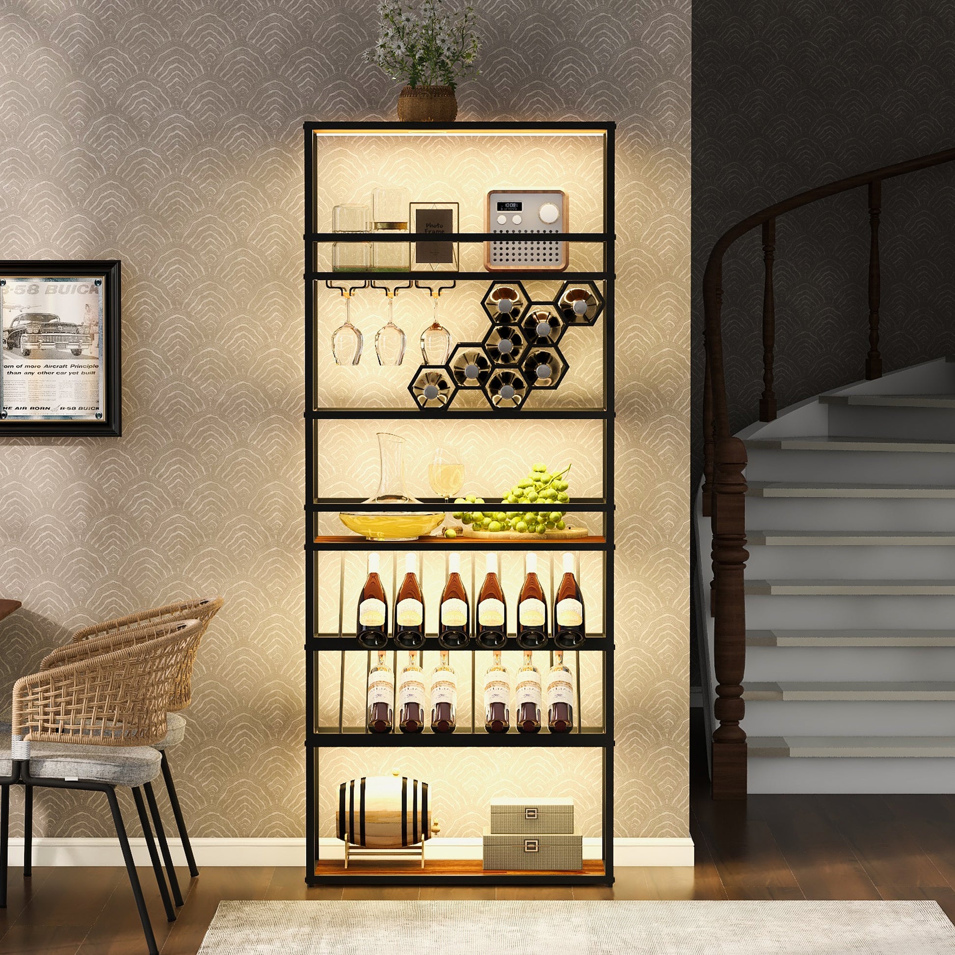 Led Tall Wine Rack Freestanding Floor, 7 Tier Wine Baker Rack With Glass Holder & Wine Storage, Industrial Wine Display Shelf Wine Bar Cabinet For Bar, Kitchen, Dining Room Walnut Black Dining Room Industrial Mdf Metal