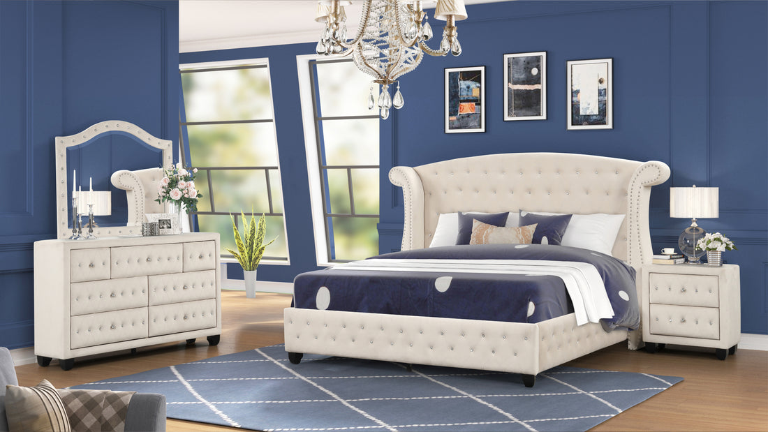 Sophia King 4 Pc Bedroom Set Made With Wood In Cream Box Spring Not Required King Cream Wood 4 Piece Set Bedroom Modern Upholstered Velvet Tufted Wood