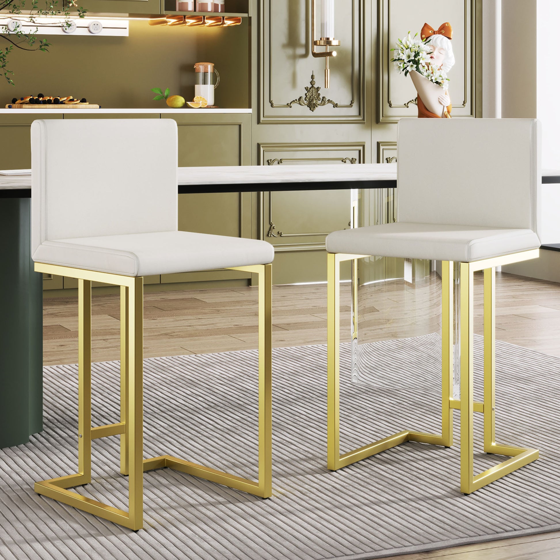 25.8" Counter Height Bar Stools Set Of 2, Mid Century Modern Gold Counter Height Bar Stools With Back Metal White Gold Dining Room Powder Coated Sponge Wipe Clean Rectangular Modern Bar Stools Set Of 2 Fabric Metal