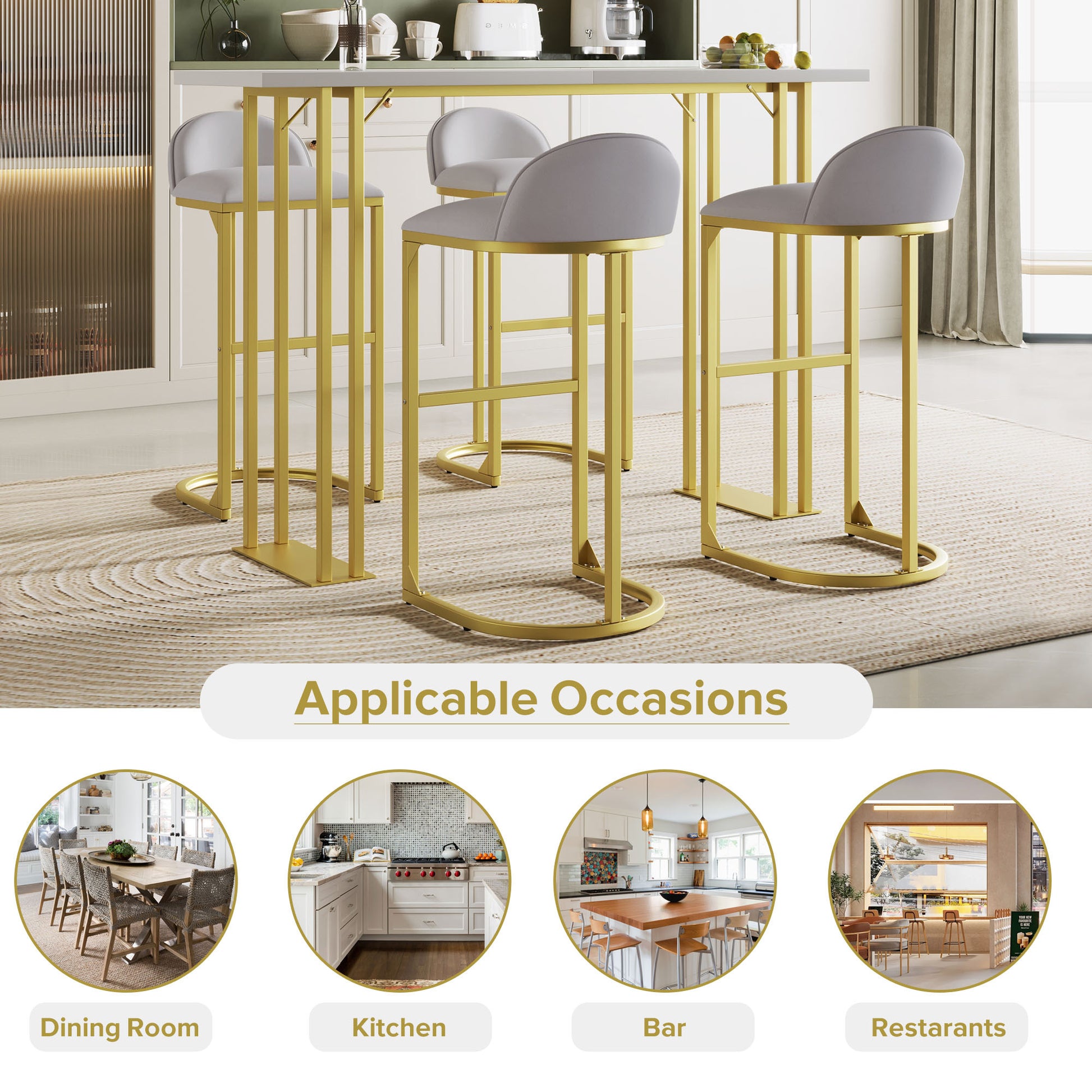 5 Pcs Bar Table And Chairs Set, Modern Gold White Table With 4 Velvet Cushion Bar Stools, Kitchen Counter High Top Table, Breakfast Table Set, Space Saving Table For Home & Kitchen, Gold Frame Metal Grey White Seats 4 Metal Dining Room Contemporary