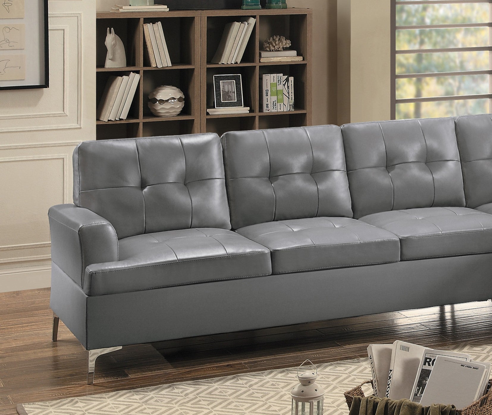 Contemporary Gray 3Pc Sectional Sofa With Rsf Chaise Ottoman Tufted Detail Faux Leather Upholstered Solid Wood Living Room Furniture L Shape Sofa Chaise Gray Faux Leather Wood Primary Living Space Contemporary L Shaped Solid Wood