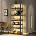 Led Tall Wine Rack Freestanding Floor, 7 Tier Wine Baker Rack With Glass Holder & Wine Storage, Industrial Wine Display Shelf Wine Bar Cabinet For Bar, Kitchen, Dining Room Walnut Black Dining Room Industrial Mdf Metal