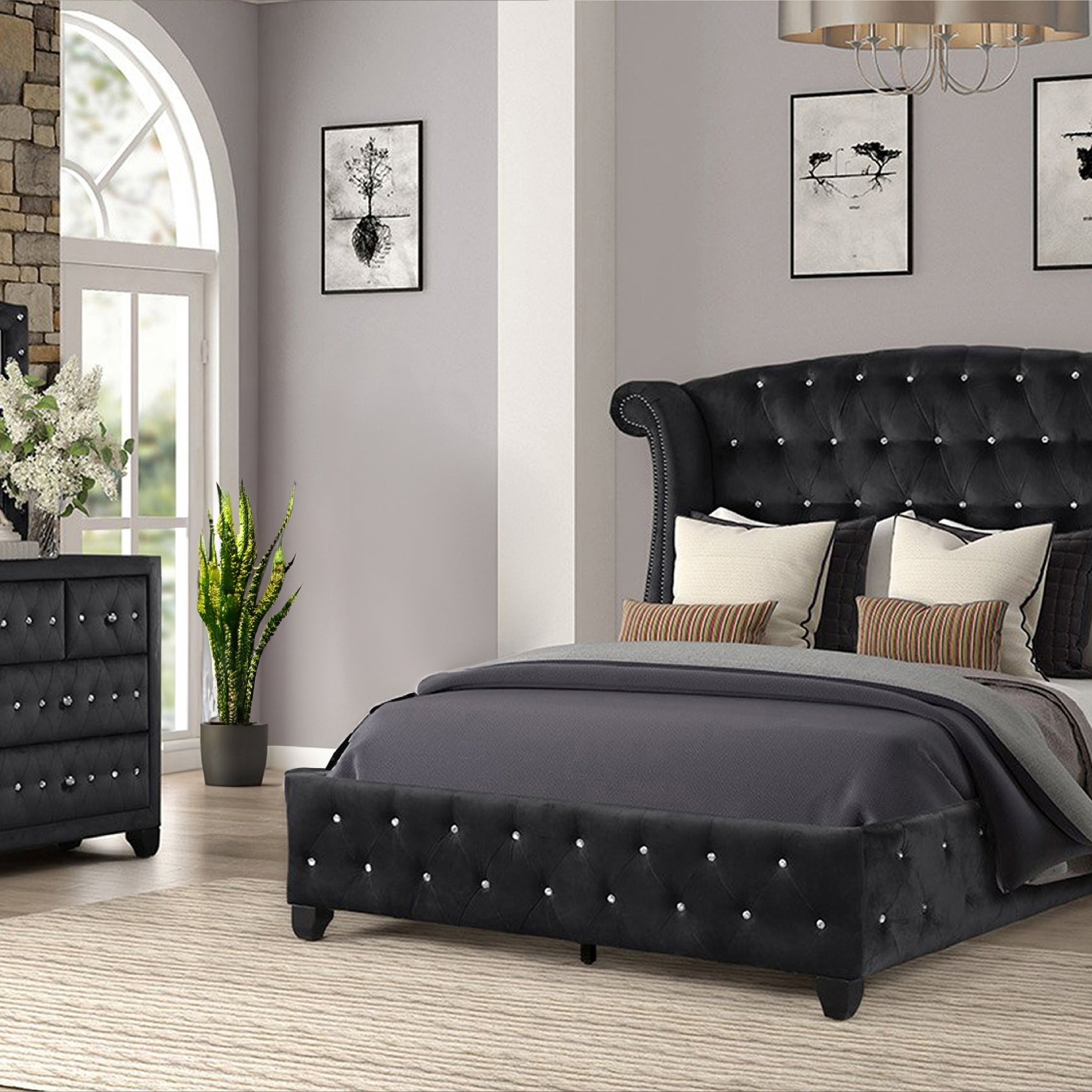 King 4 Pc Upholstery Bedroom Set Made With Wood In Black Box Spring Not Required King Black Wood 4 Piece Set Bedroom Contemporary,Modern Acacia Upholstered Velvet Tufted Wood