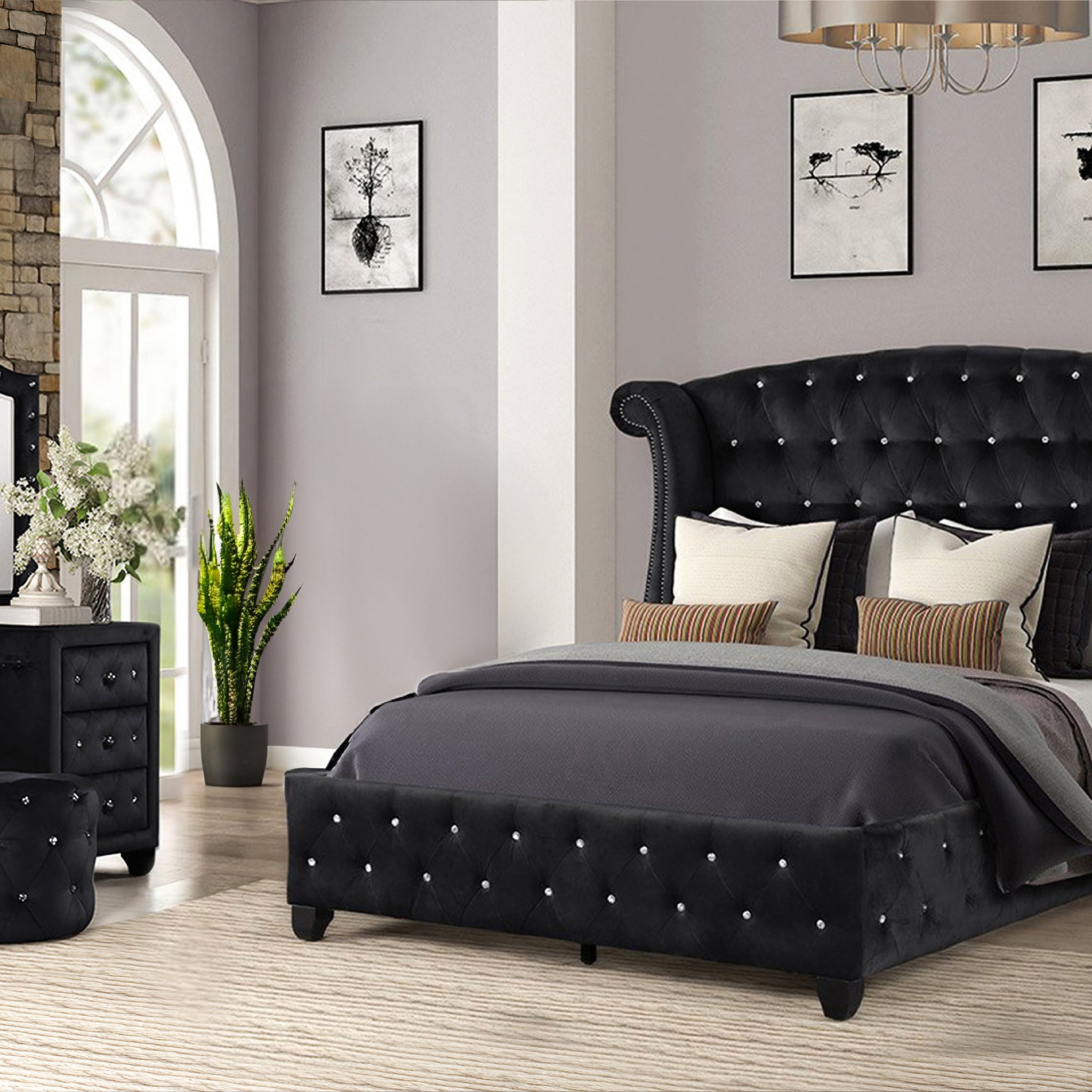 King 4 Pc Vanity Upholstery Bedroom Set Made With Wood In Black Box Spring Not Required King Black Wood 4 Piece Set Bedroom Contemporary,Modern Acacia Upholstered Velvet Tufted Wood