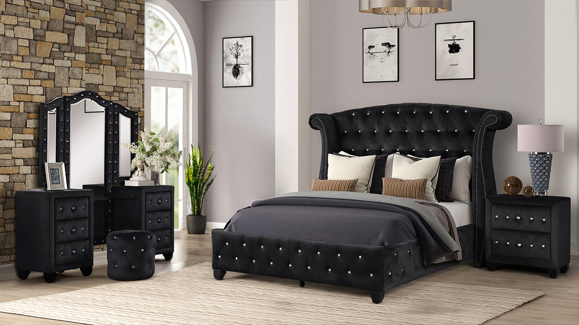 King 4 Pc Vanity Upholstery Bedroom Set Made With Wood In Black Box Spring Not Required King Black Wood 4 Piece Set Bedroom Contemporary,Modern Acacia Upholstered Velvet Tufted Wood