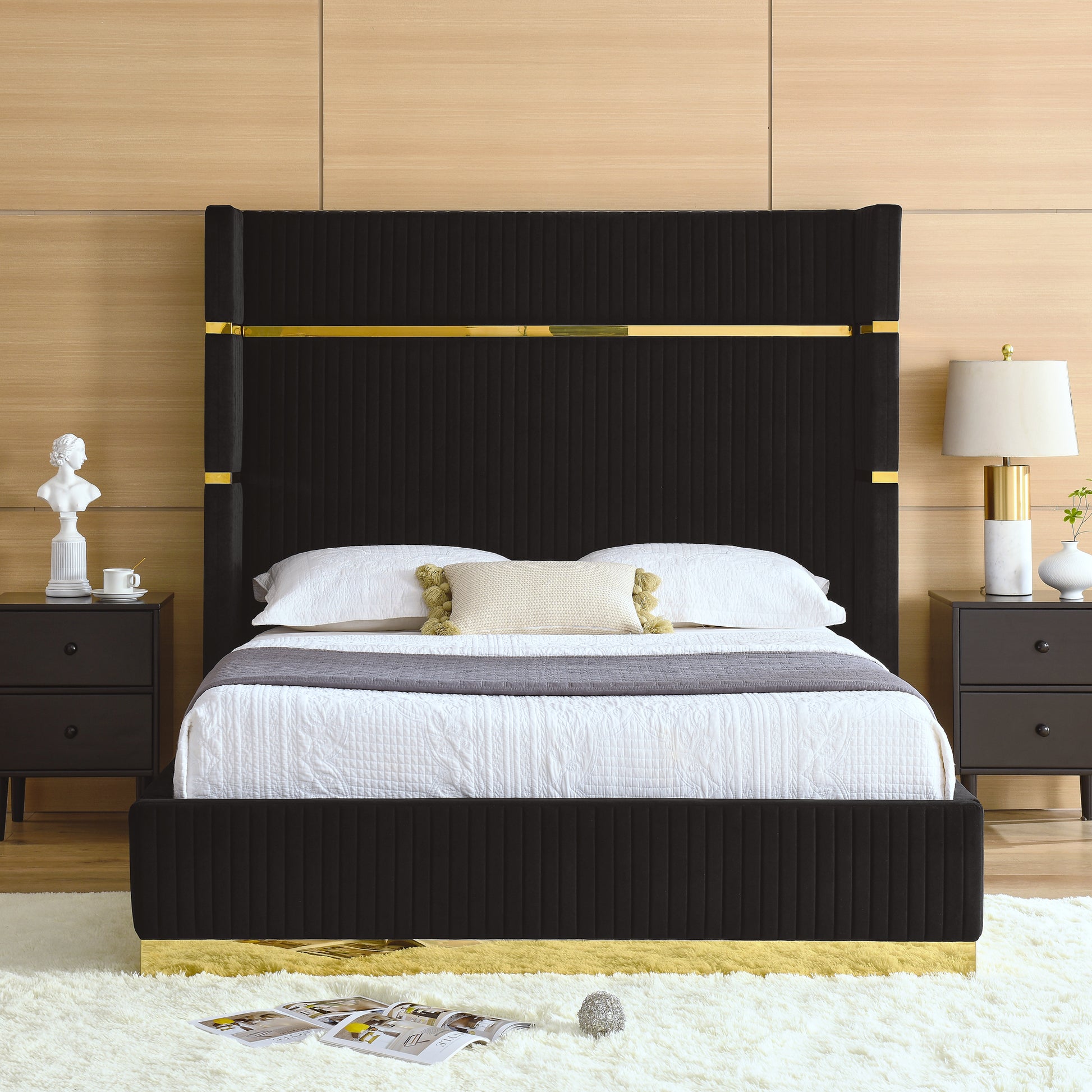 Corduroy Upholstered Bed Frame Queen Size 65" Tall Wingback Headboard Queen Bed Frame Metal Decoration No Box Spring Needed Box Spring Not Required Queen Black Wood Bedroom Eucalyptus Velvet Foam