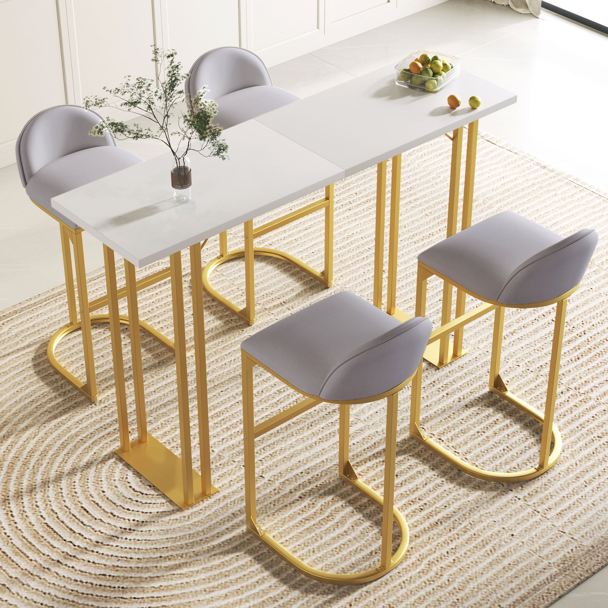 5 Pcs Bar Table And Chairs Set, Modern Gold White Table With 4 Velvet Cushion Bar Stools, Kitchen Counter High Top Table, Breakfast Table Set, Space Saving Table For Home & Kitchen, Gold Frame Metal Grey White Seats 4 Metal Dining Room Contemporary